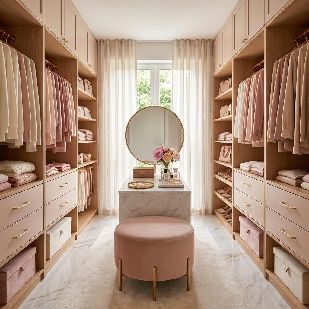 16 Soft Feminine Wardrobe Space with Symmetrical Closet Design