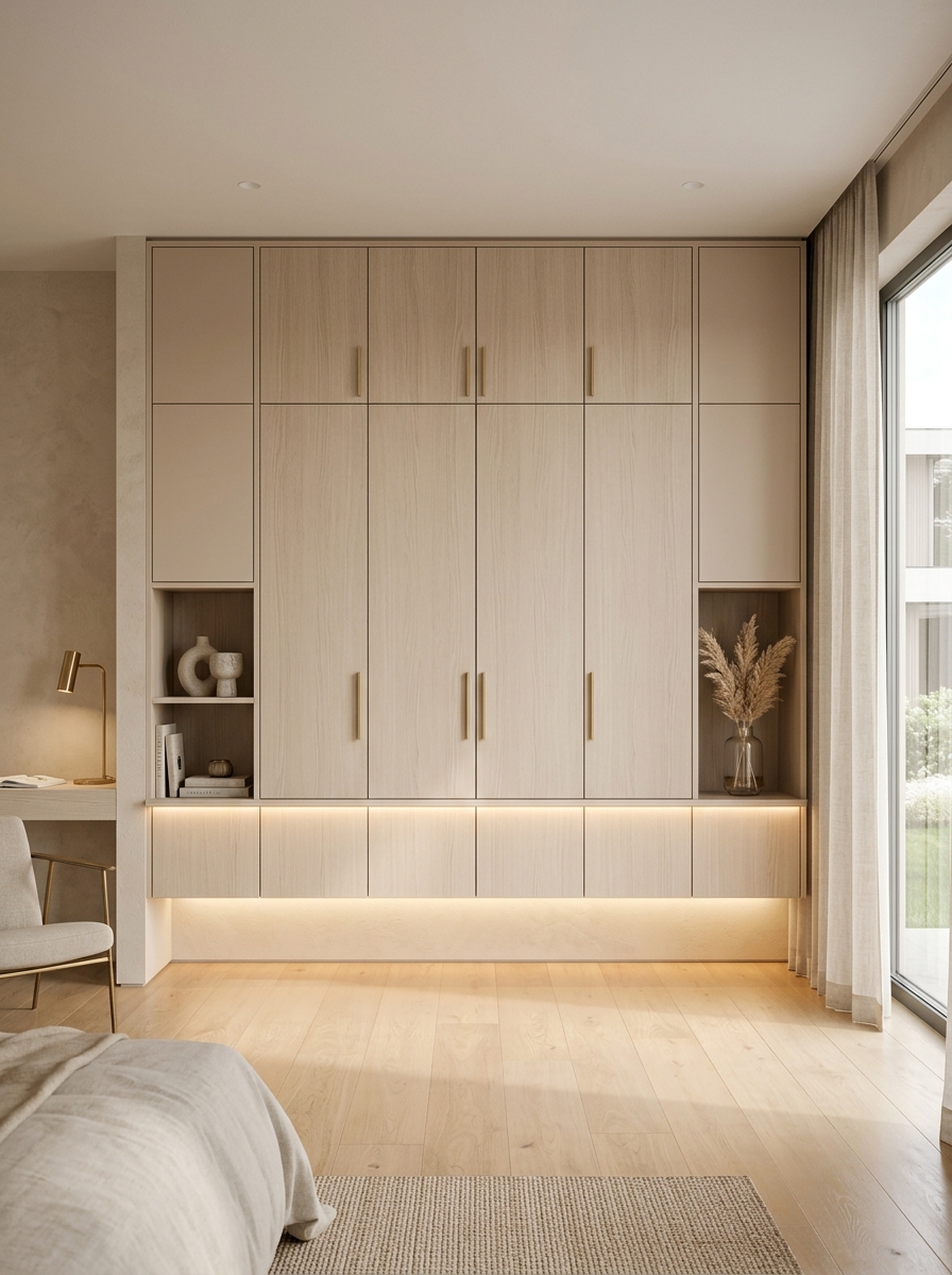 Soft Beige Minimal Wardrobe with Floating Symmetry Design