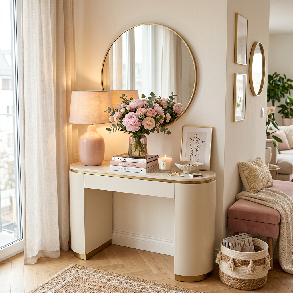 12 Cozy Girly Console Table Decor for Small Apartments with Feminine Charm
