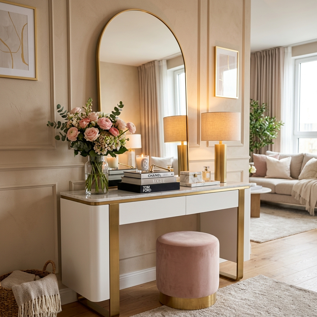 12 Modern Girly Console Table Ideas with Gold Accents and Soft Lighting