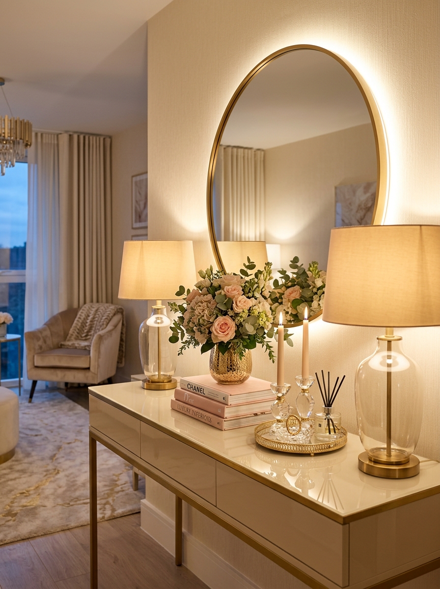Cozy Modern Glam Console Table with Layered Lighting