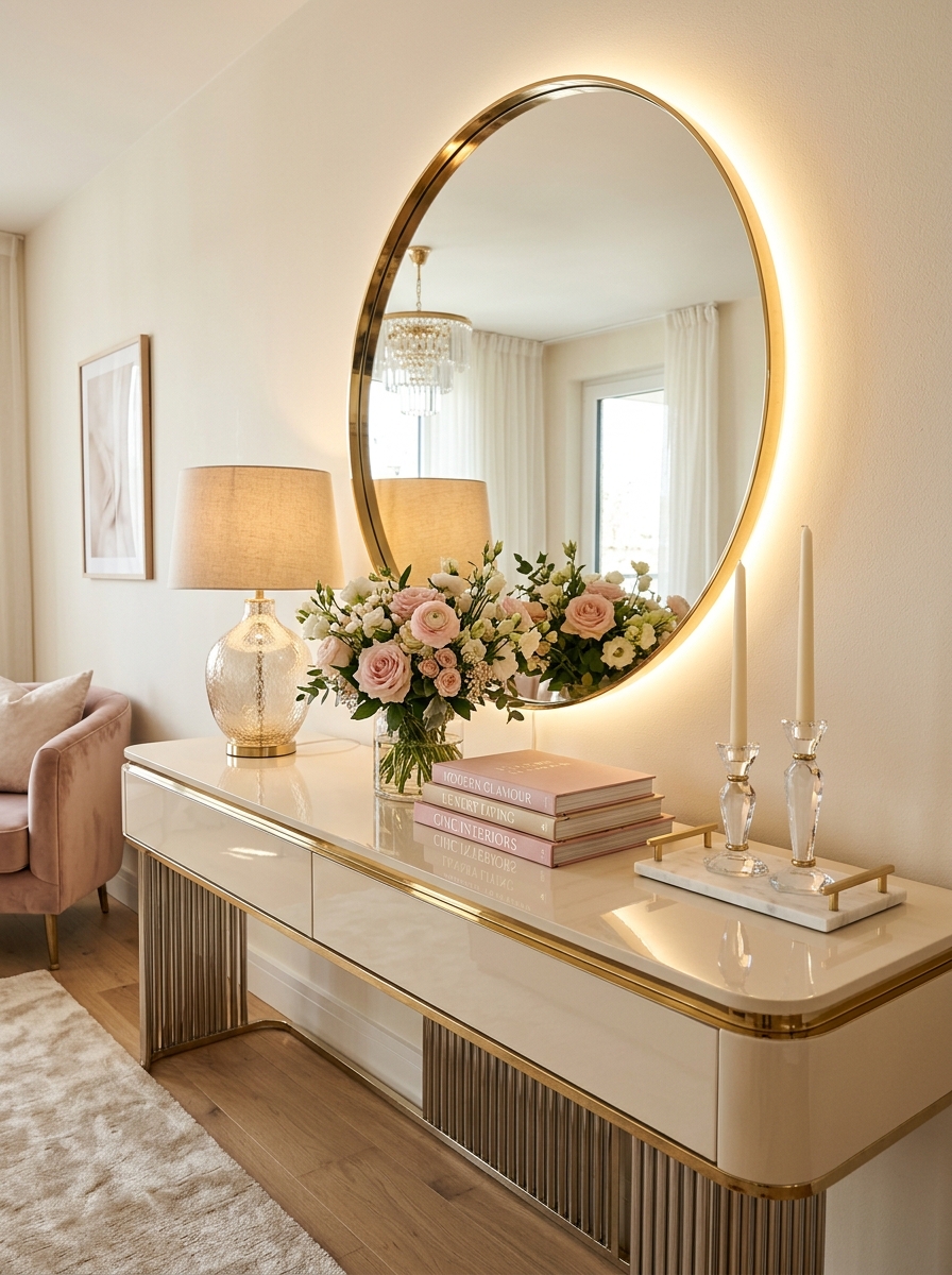Cozy Modern Glam Console Table with Layered Lighting