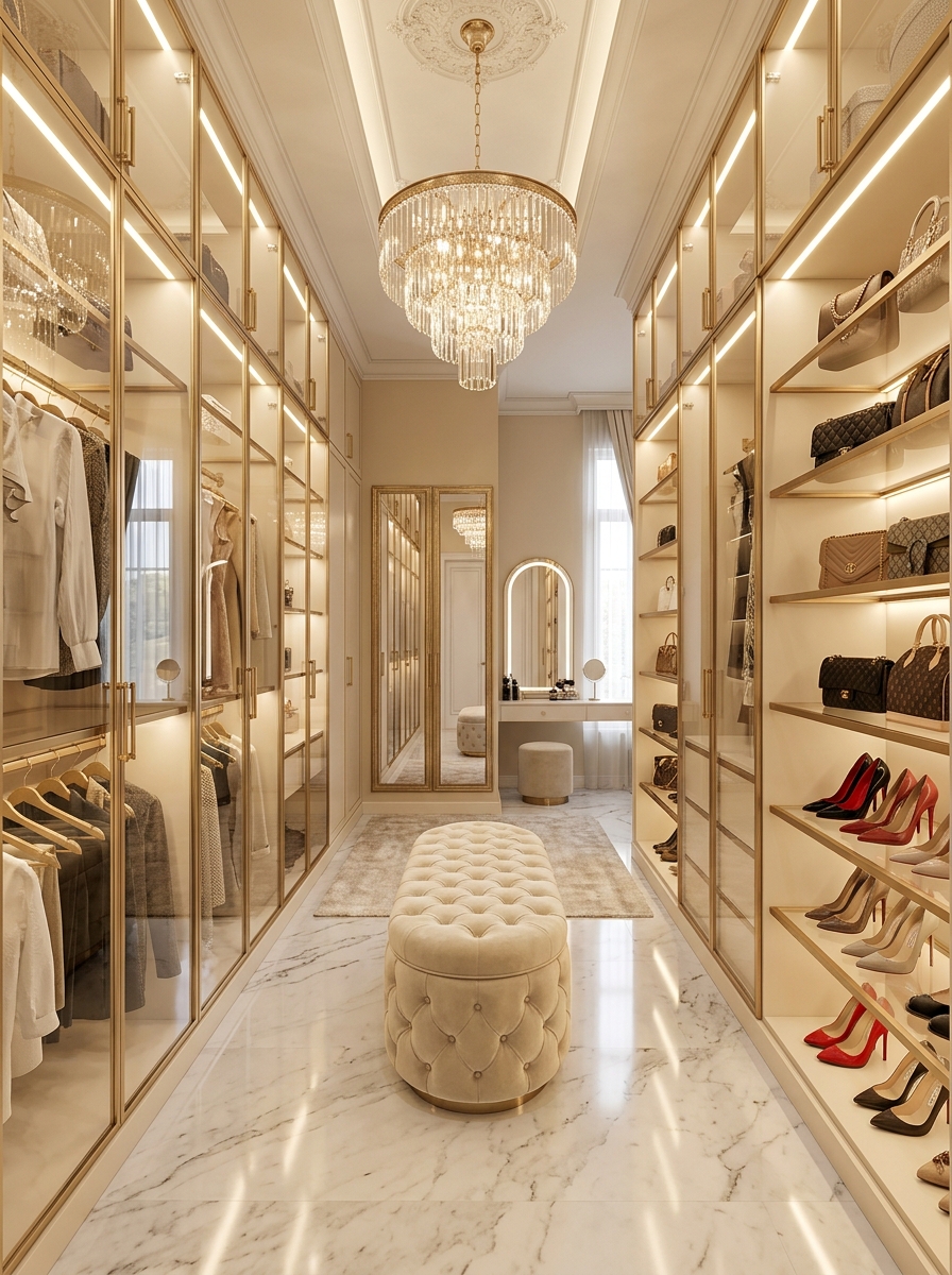 Boutique-Inspired Glam Closet With Glass Cabinets