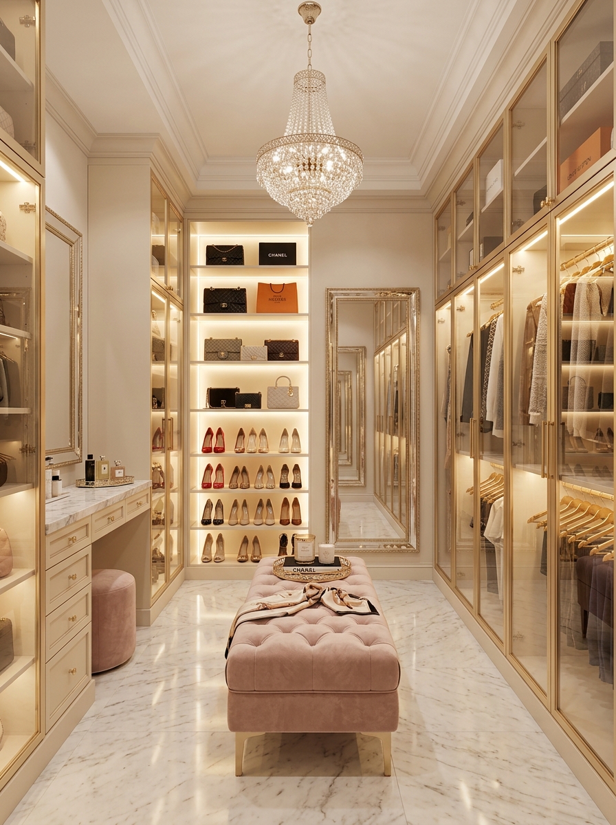 Boutique-Inspired Glam Closet With Glass Cabinets