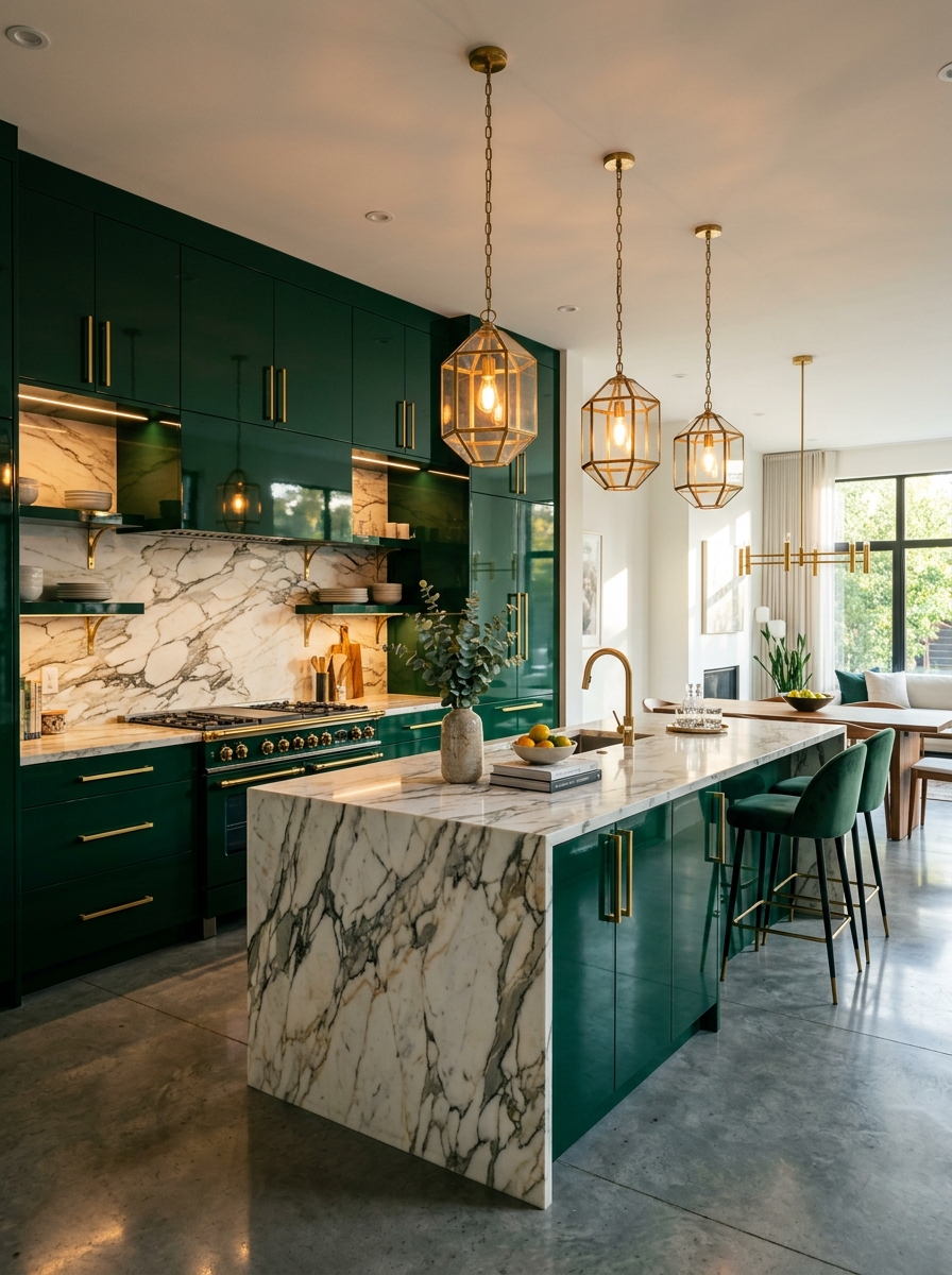 Luxe Dark Green Kitchen With High Gloss Finishes
