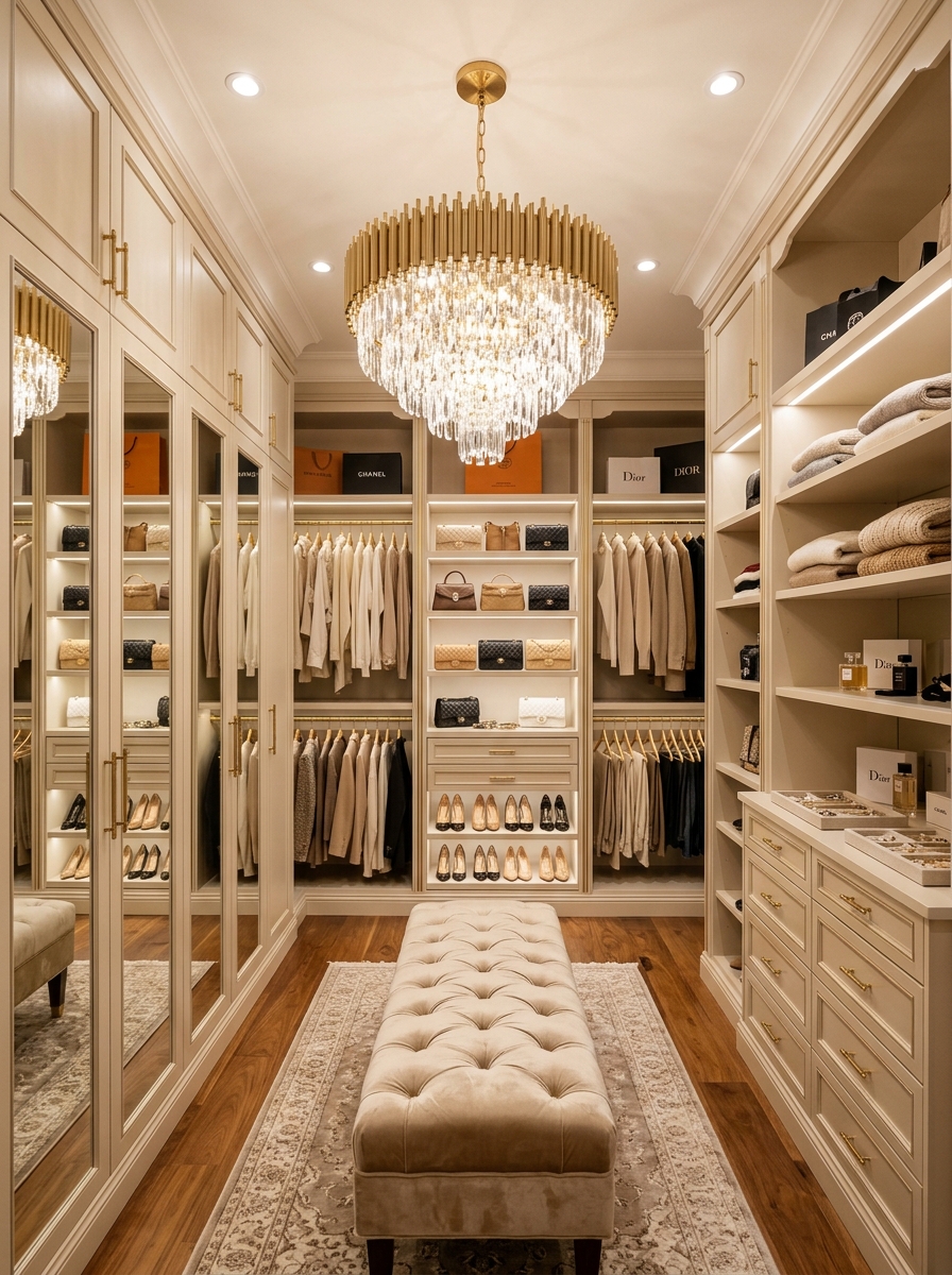Neutral Glam Closet with Statement Chandelier