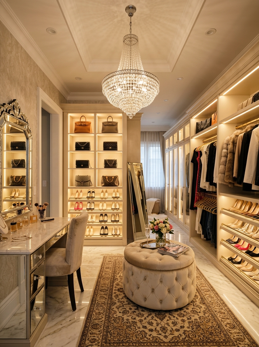 Glamorous Walk-In Closet With Statement Chandelier