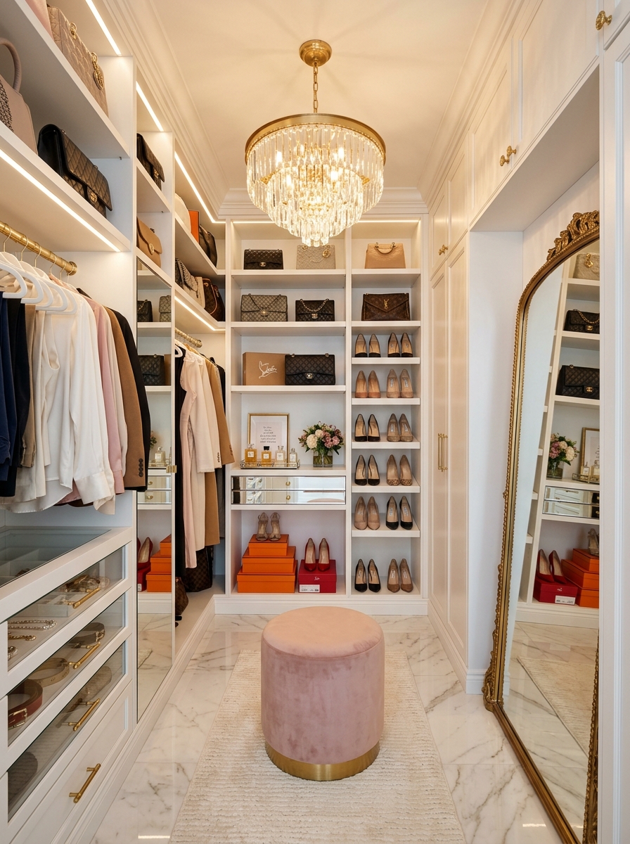 Glamorous Walk-In Closet with Gold Accents