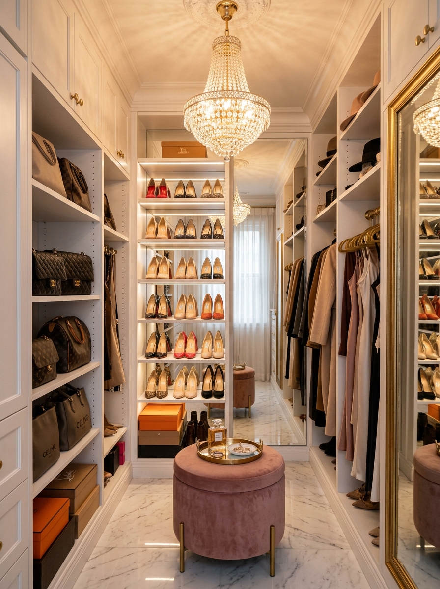 Glamorous Walk-In Closet with Gold Accents