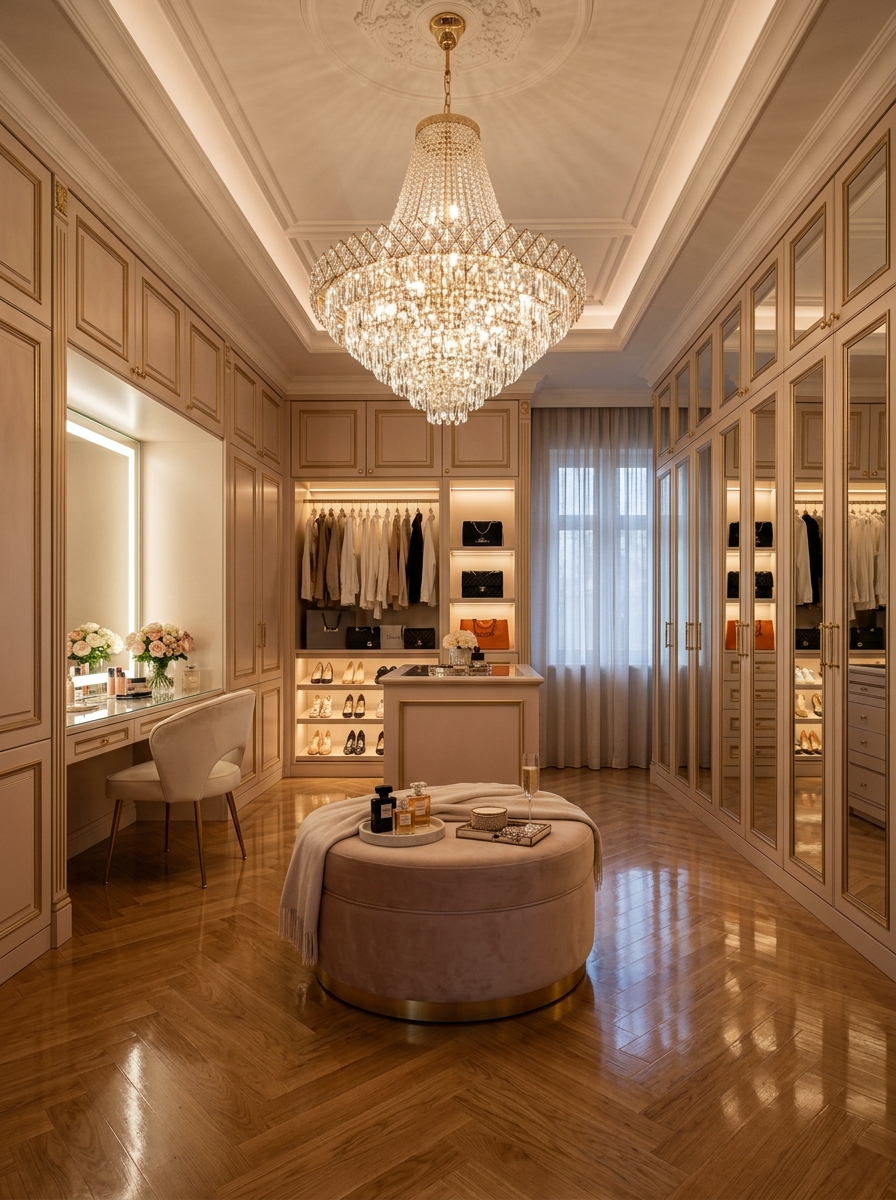 Soft Glam Walk-In Closet with Crystal Chandelier