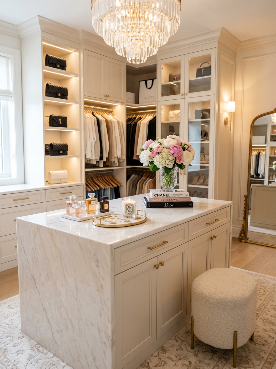 Marble Closet Island With Feminine Decor Styling