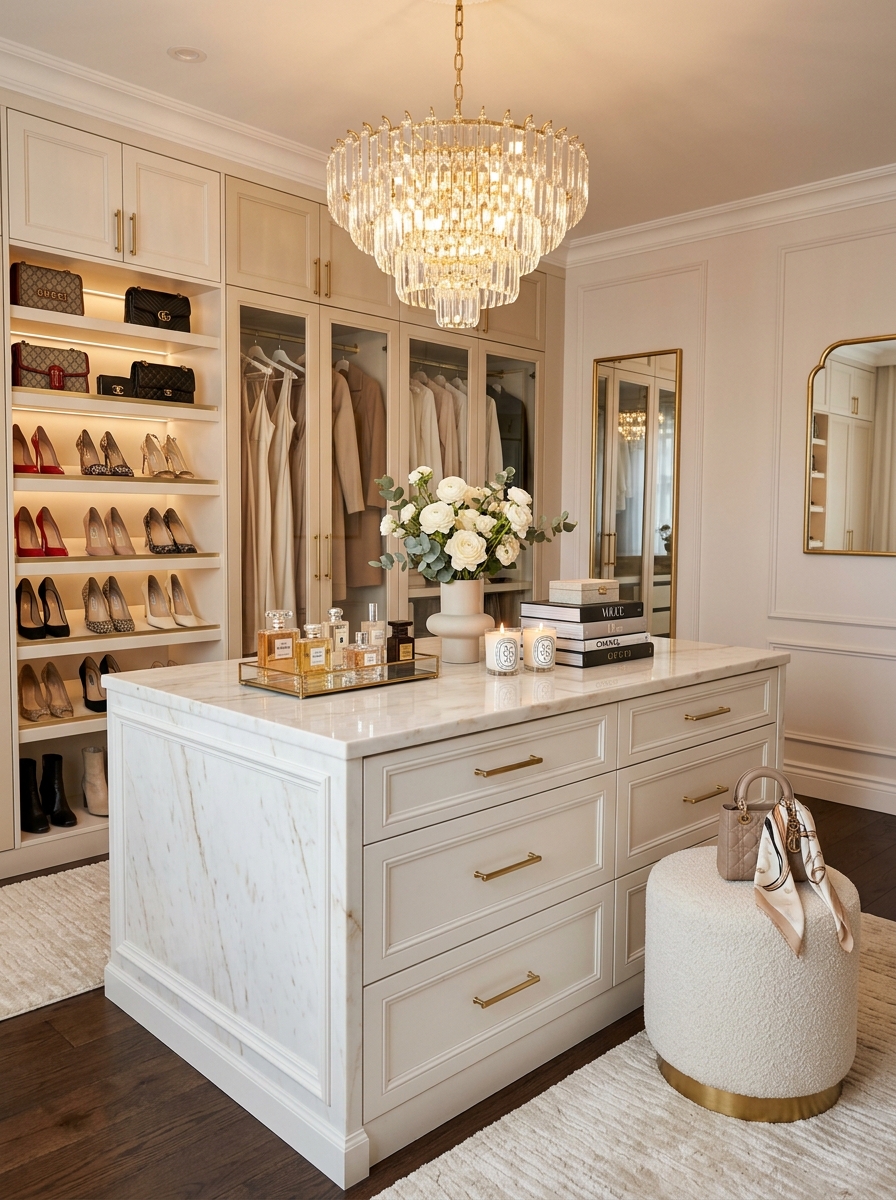Marble Closet Island With Feminine Decor Styling