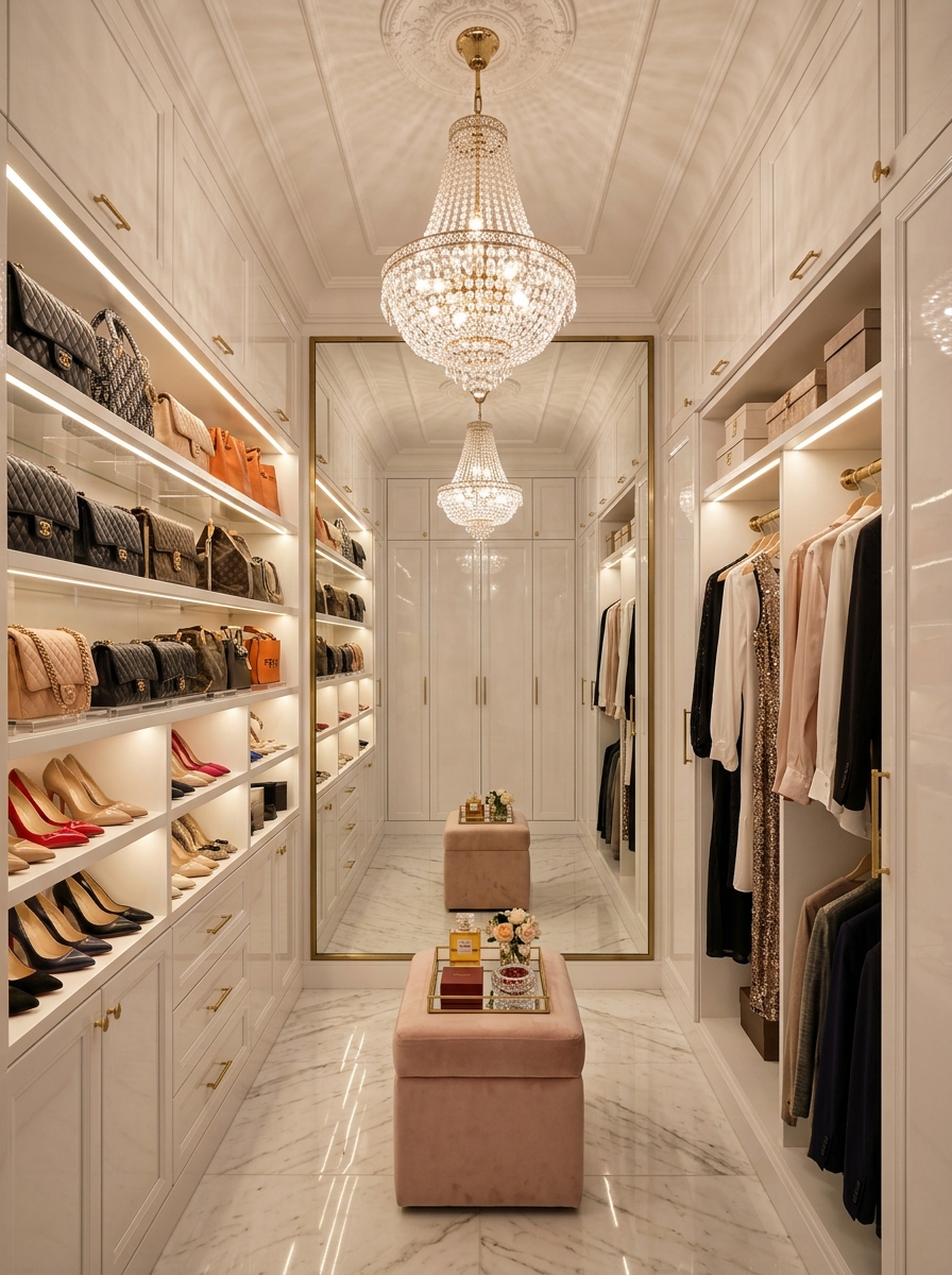 Modern Glam Closet with Crystal Lighting