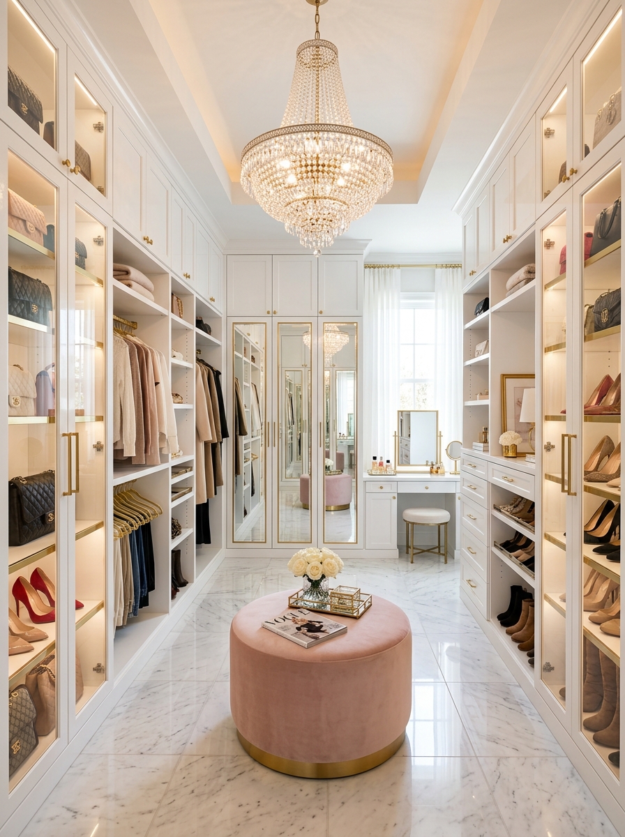 Glamorous White Closet with Crystal Chandelier