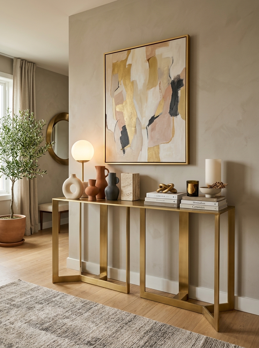 Contemporary Gold Console Table with Sculptural Décor