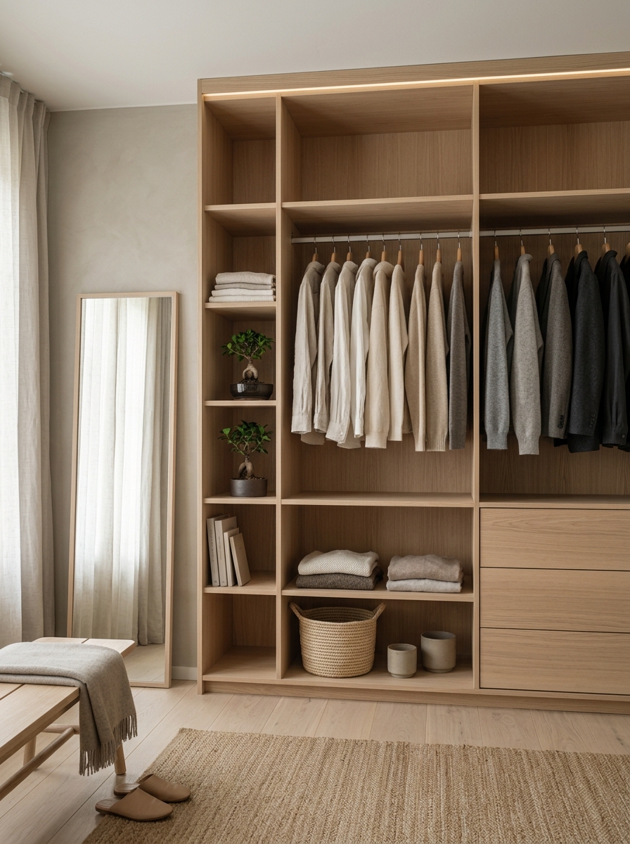 Modern Japandi Warm Wood Closet Sanctuary