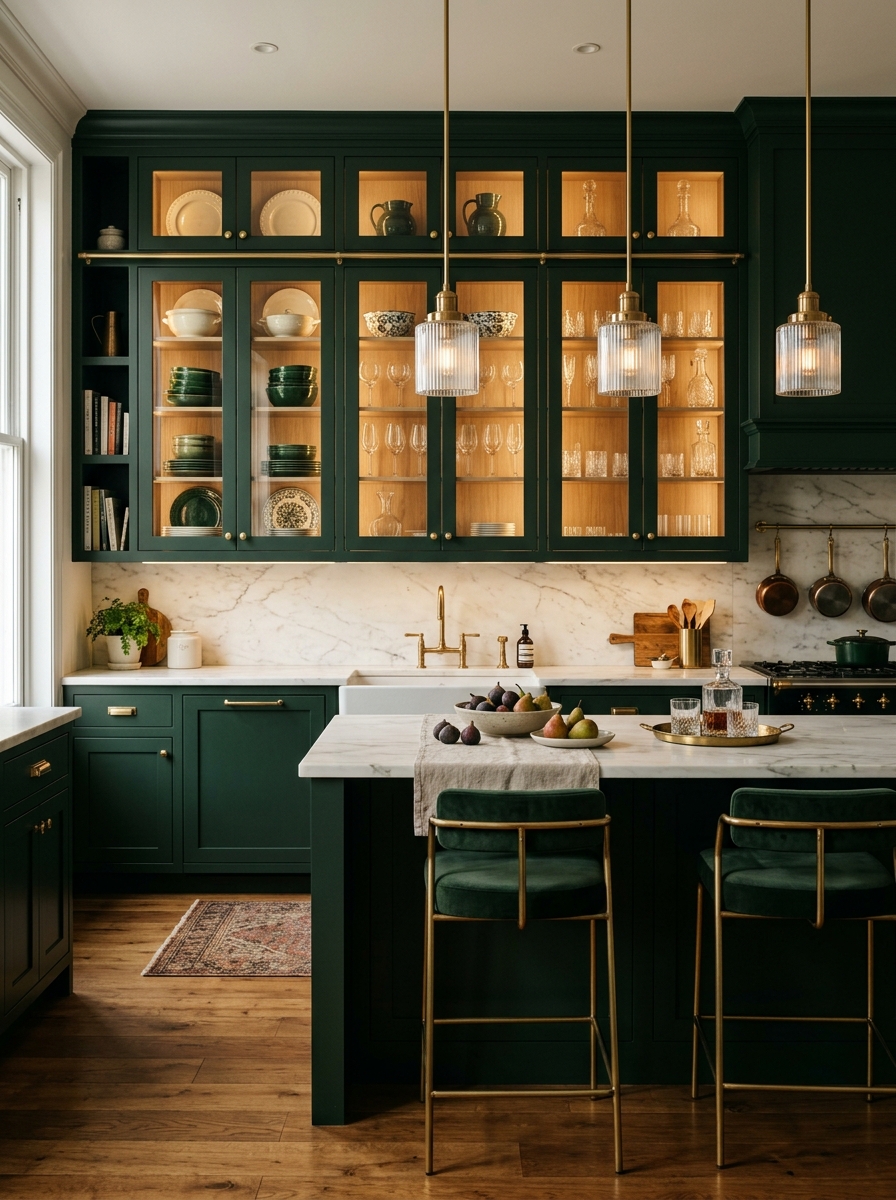 Sophisticated Dark Green Kitchen With Glass Cabinets