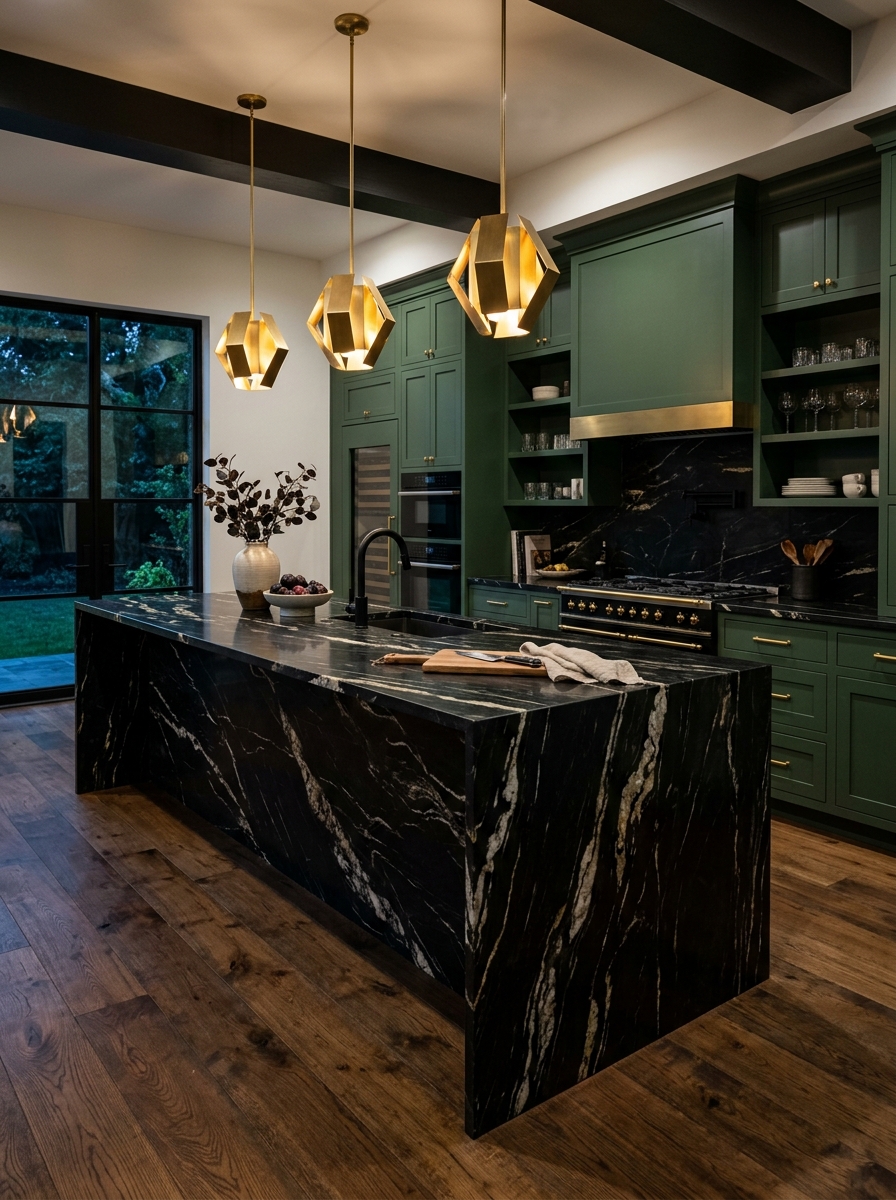 Dark Green Kitchen With Black Marble Drama
