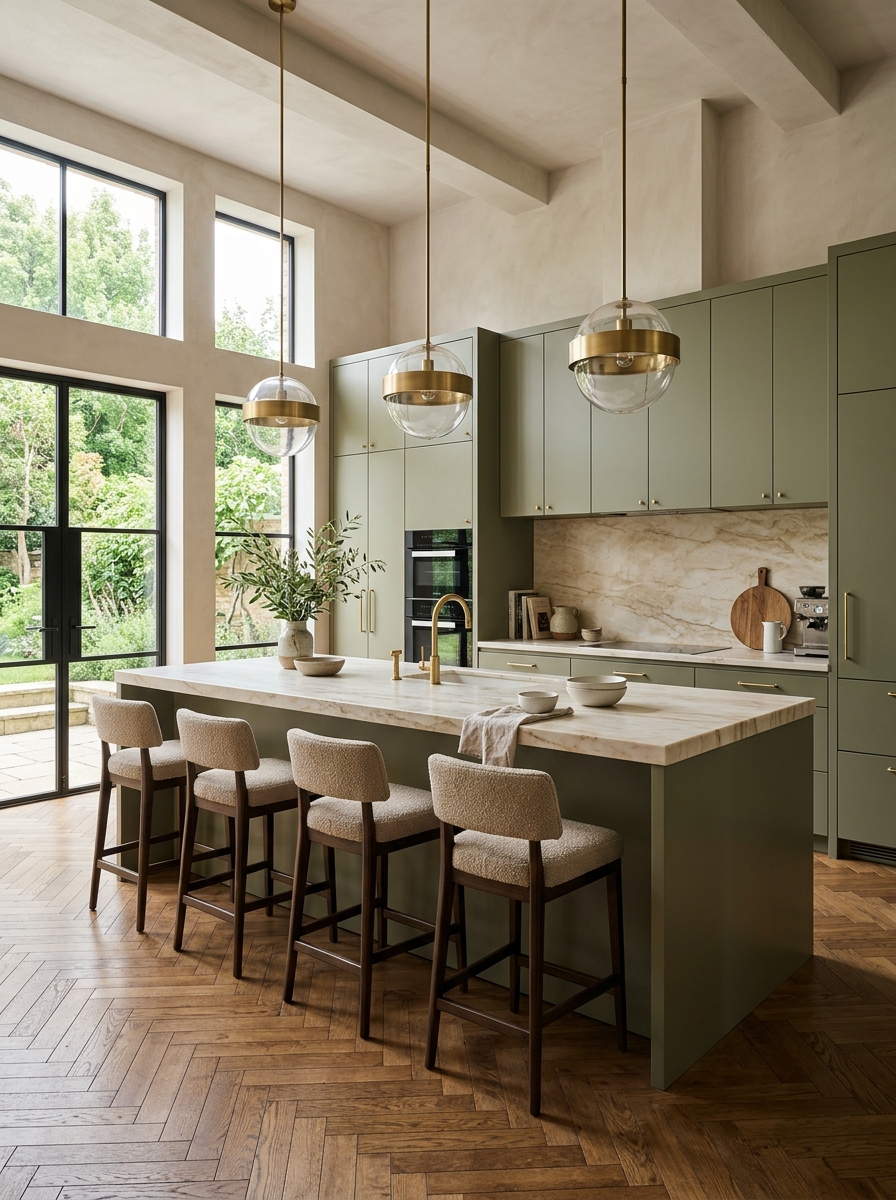 Ultra-realistic timeless kitchen with muted sage green shaker cabinets, marble countertops, warm brass lantern pendant lights, oak wood accents, elegant upholstered stools, large kitchen island with white flowers, soft natural sunlight, creamy neutral tones, classic and sophisticated interior styling, refined minimalist atmosphere, luxurious timeless home décor photography, Pinterest-worthy photorealistic kitchen design