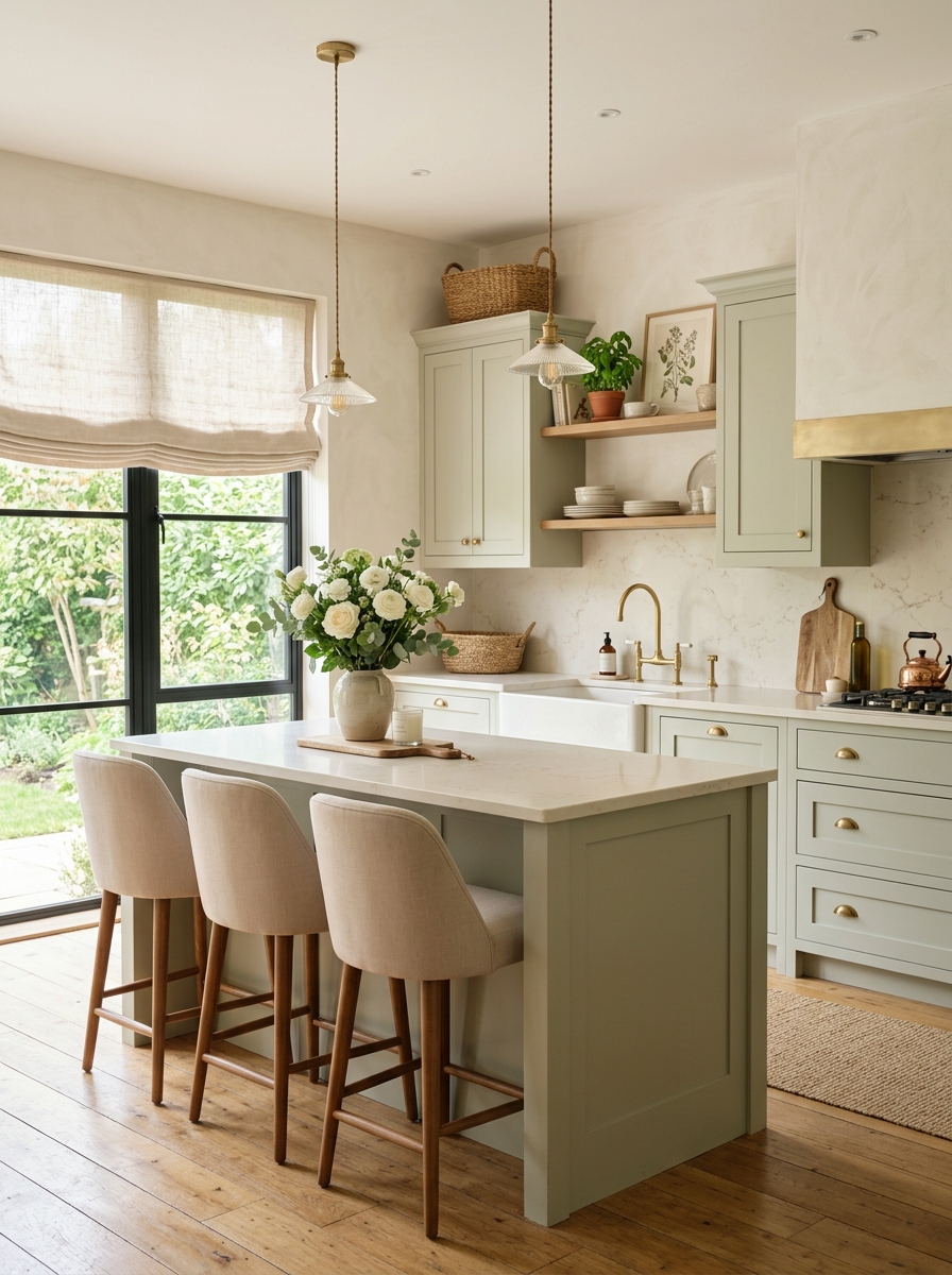 Airy Sage Green Kitchen With Creamy Neutral Layers