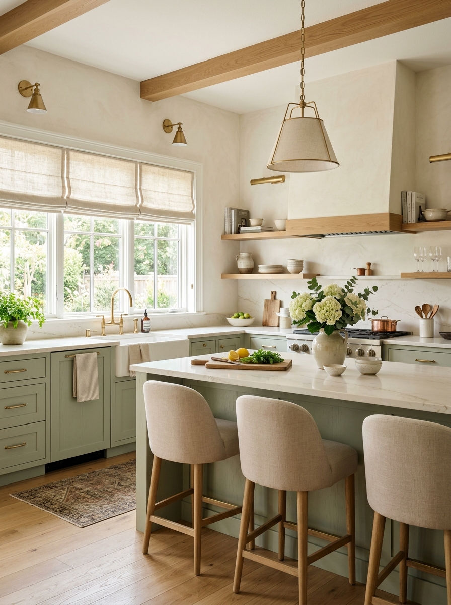 Airy Sage Green Kitchen With Creamy Neutral Layers