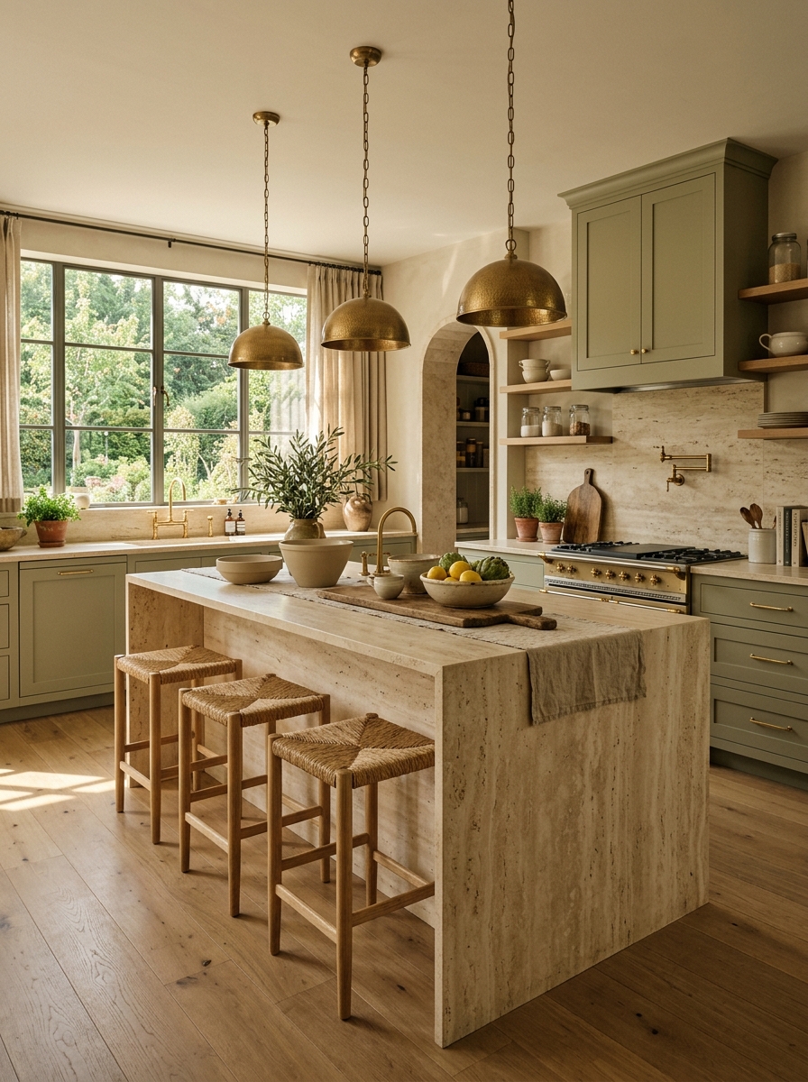 Sage Green Kitchen With Natural Stone Elegance