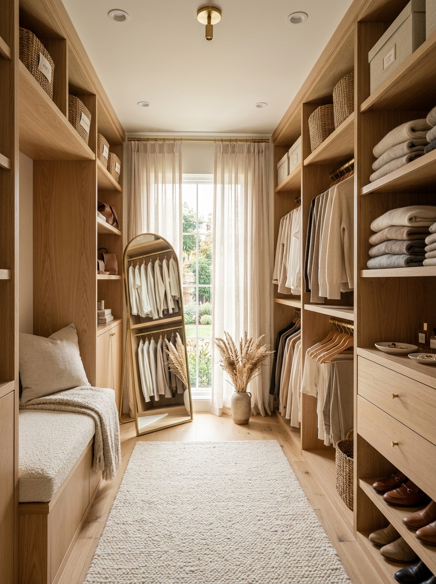 Light Oak Walk-In Closet with Cozy Layered Textures