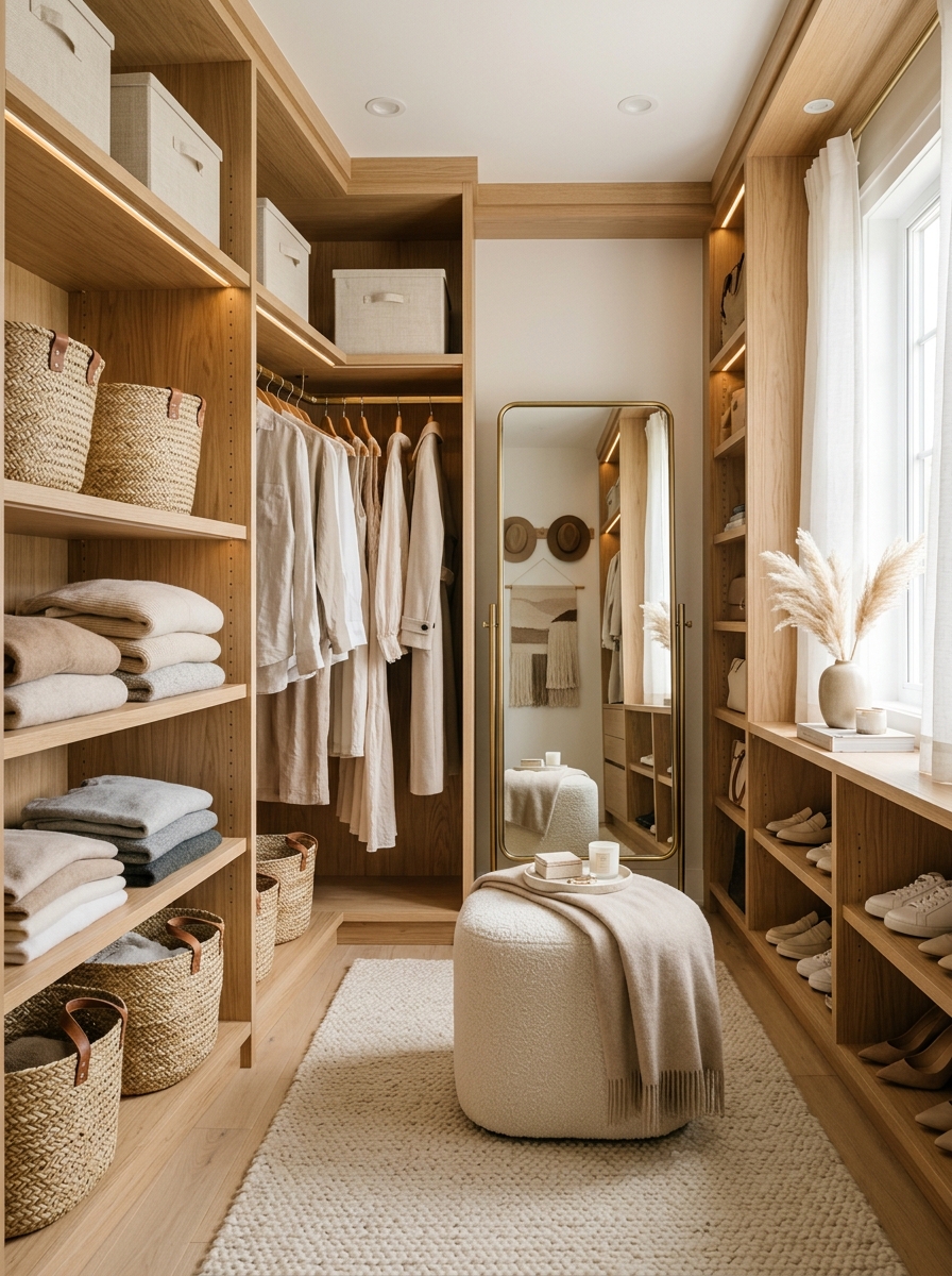 Light Oak Walk-In Closet with Cozy Layered Textures