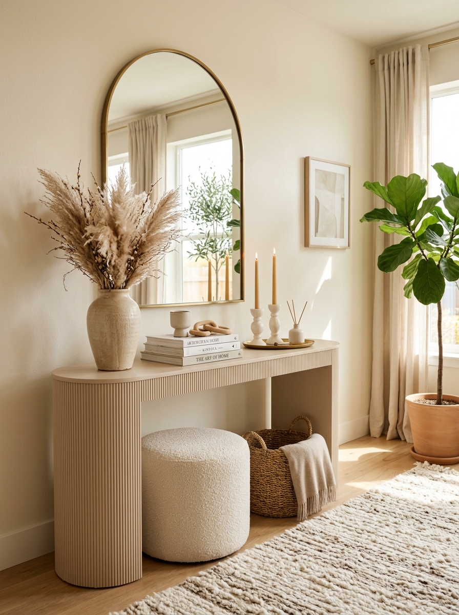 Soft Beige Console Table with Layered Neutral Decor