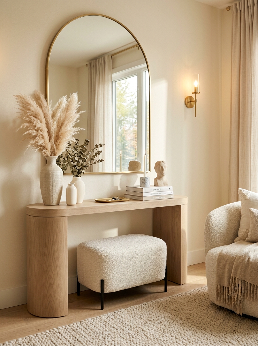 Soft Beige Console Table with Layered Neutral Decor