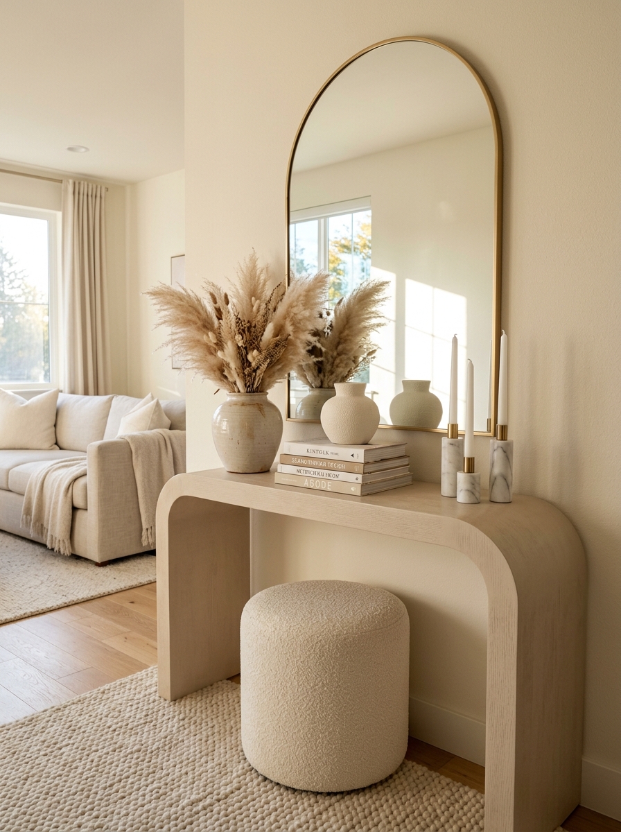 Soft Beige Console Table with Layered Neutral Decor