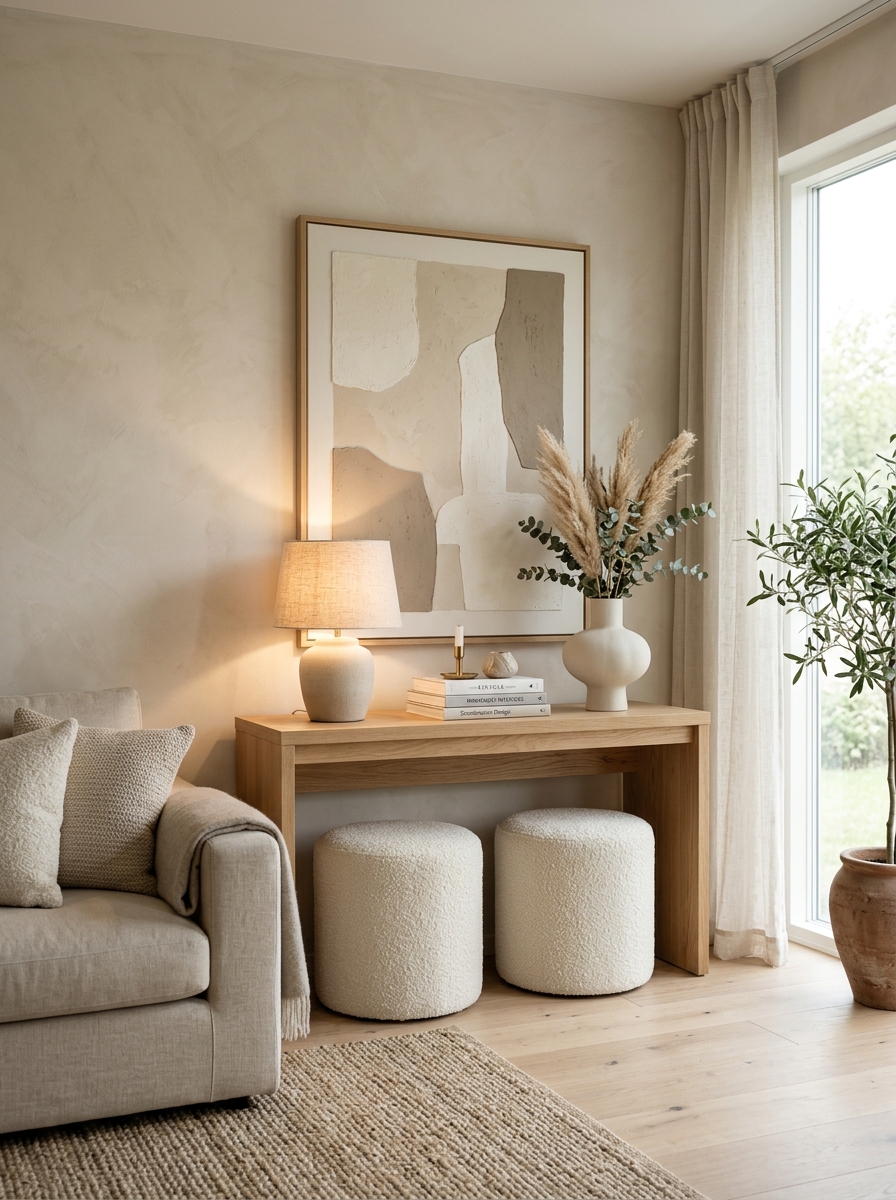 Minimal Neutral Console Table with Cozy Boucle Styling