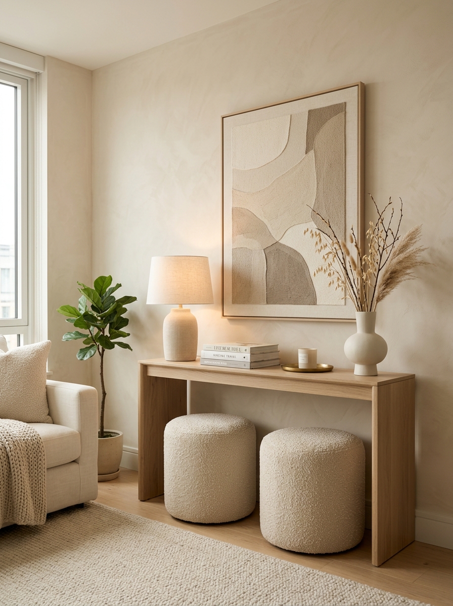 Minimal Neutral Console Table with Cozy Boucle Styling