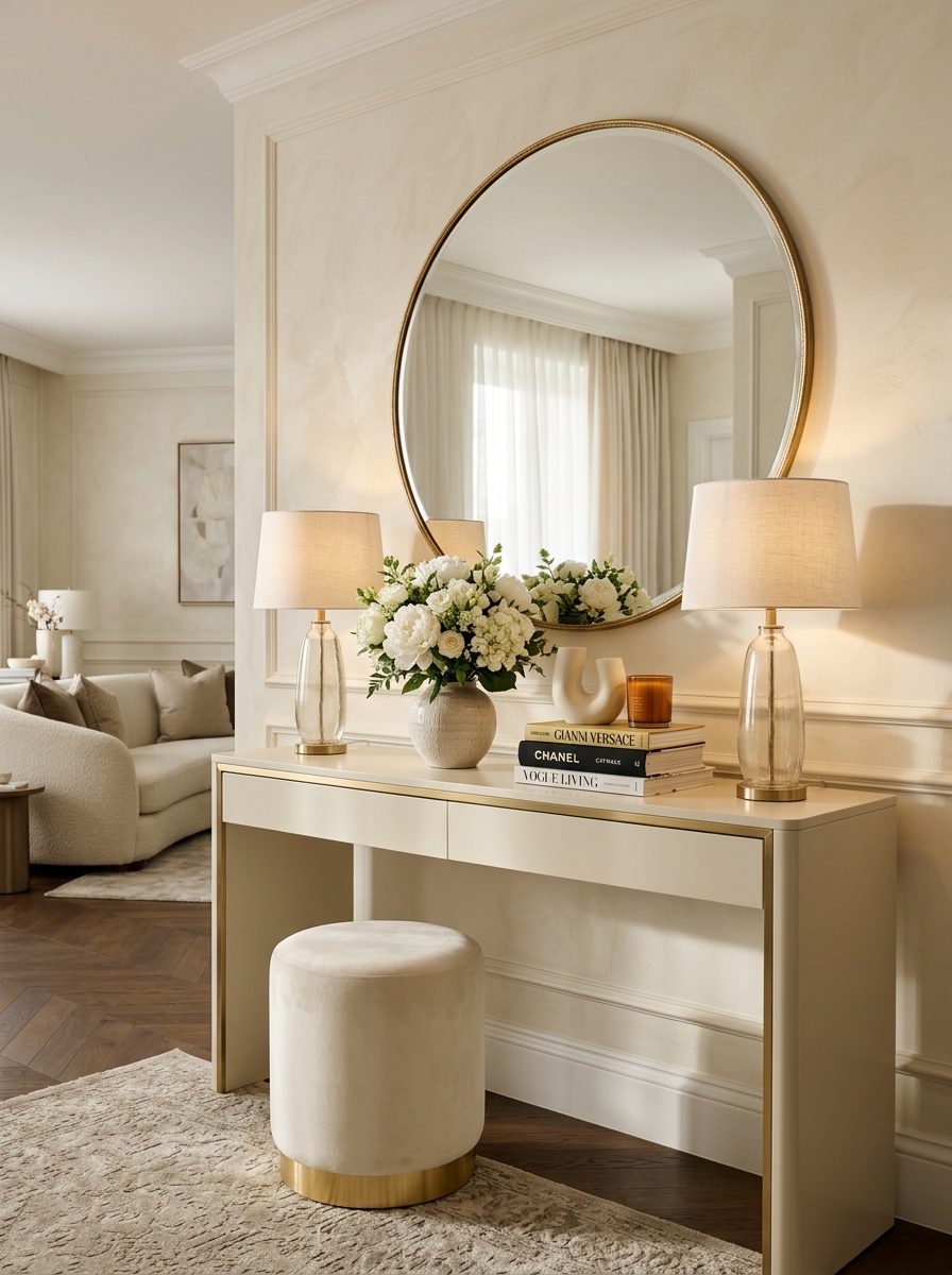 Luxe Neutral Console Table with Hotel-Inspired Elegance