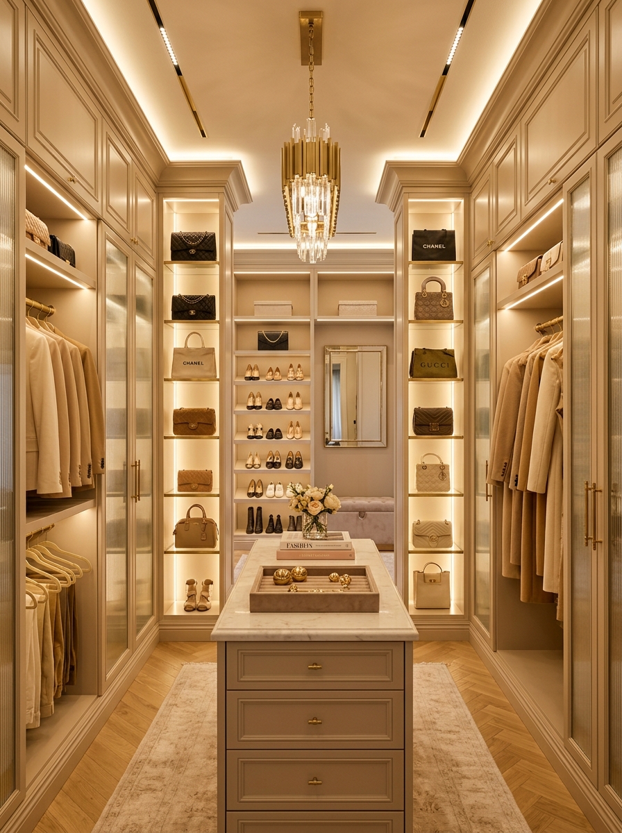 Champagne Gold Luxury Closet with Soft Glow Finish