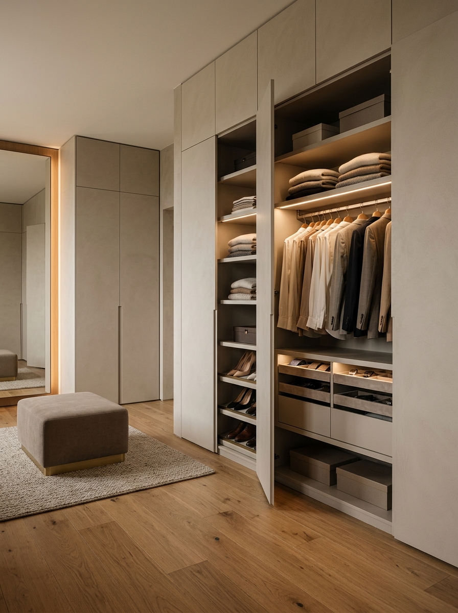 Soft Neutral Luxury Closet with Hidden Storage Walls