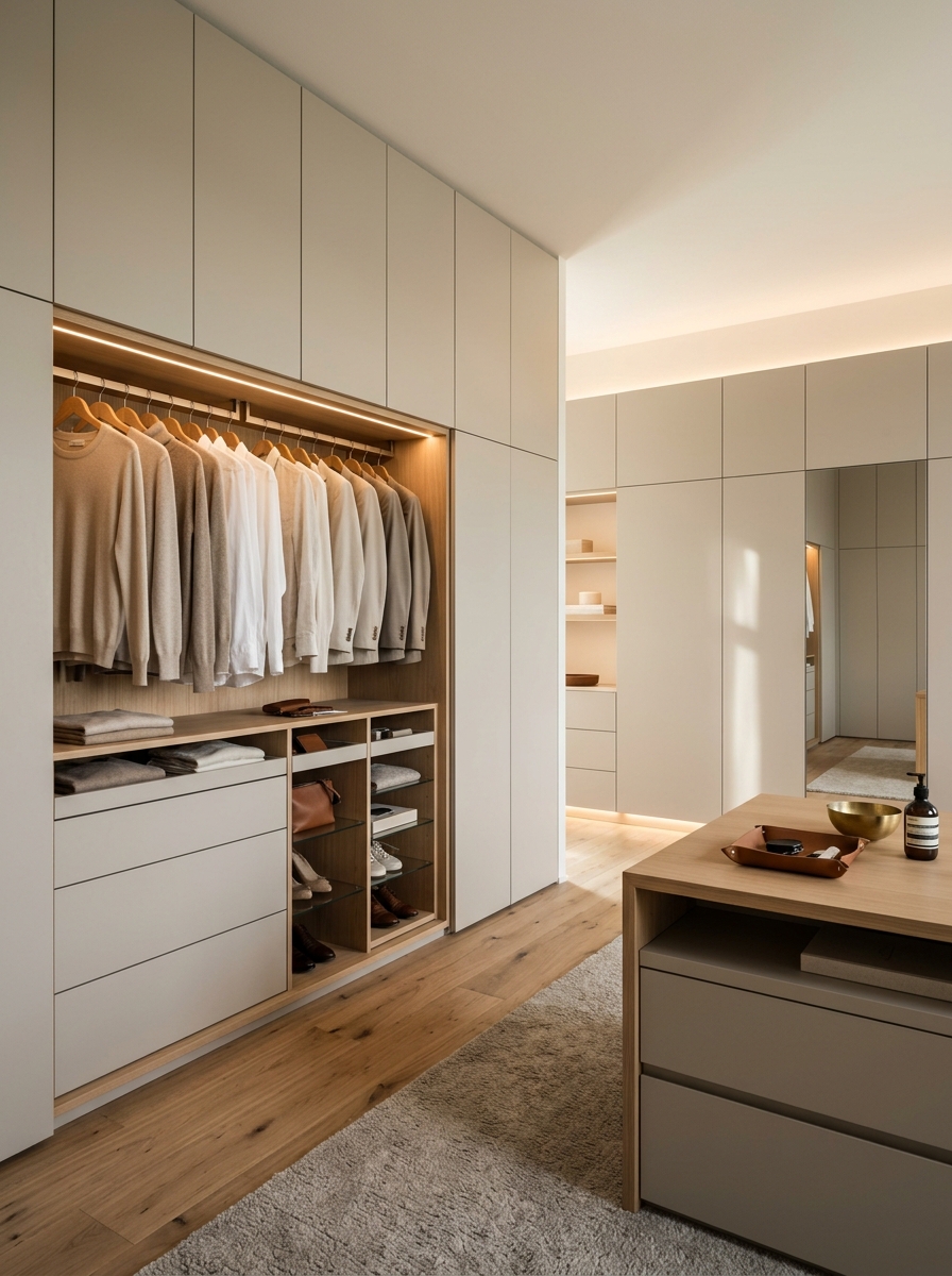 Soft Neutral Luxury Closet with Hidden Storage Walls