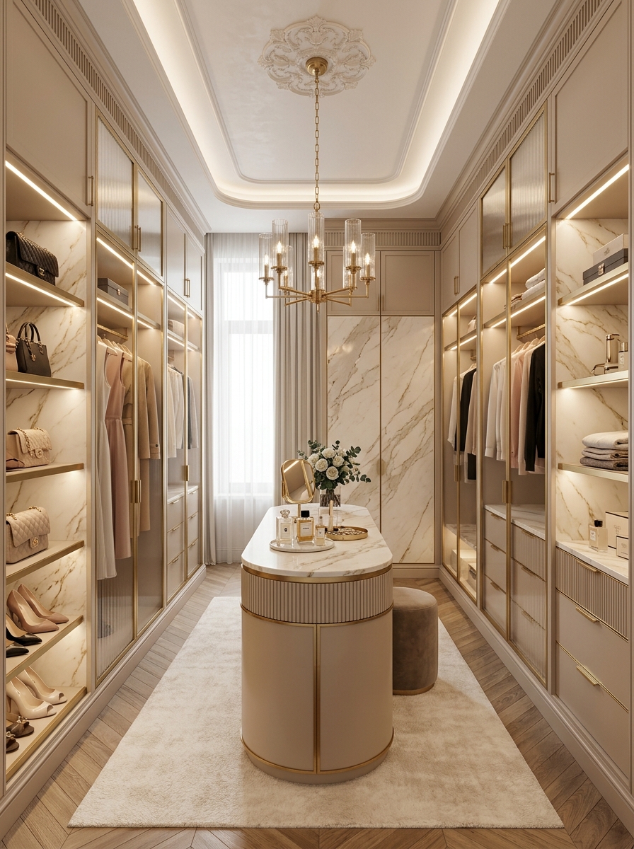 Modern Cream Marble Closet with Architectural Symmetry