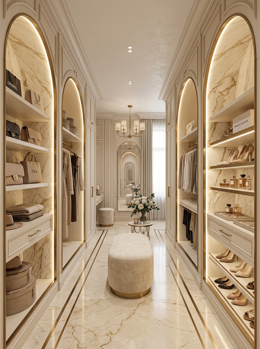 Modern Cream Marble Closet with Architectural Symmetry