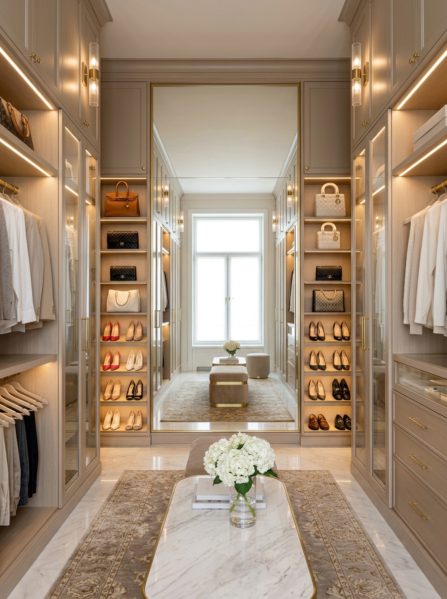 Luxury Neutral Closet with Statement Mirror Wall