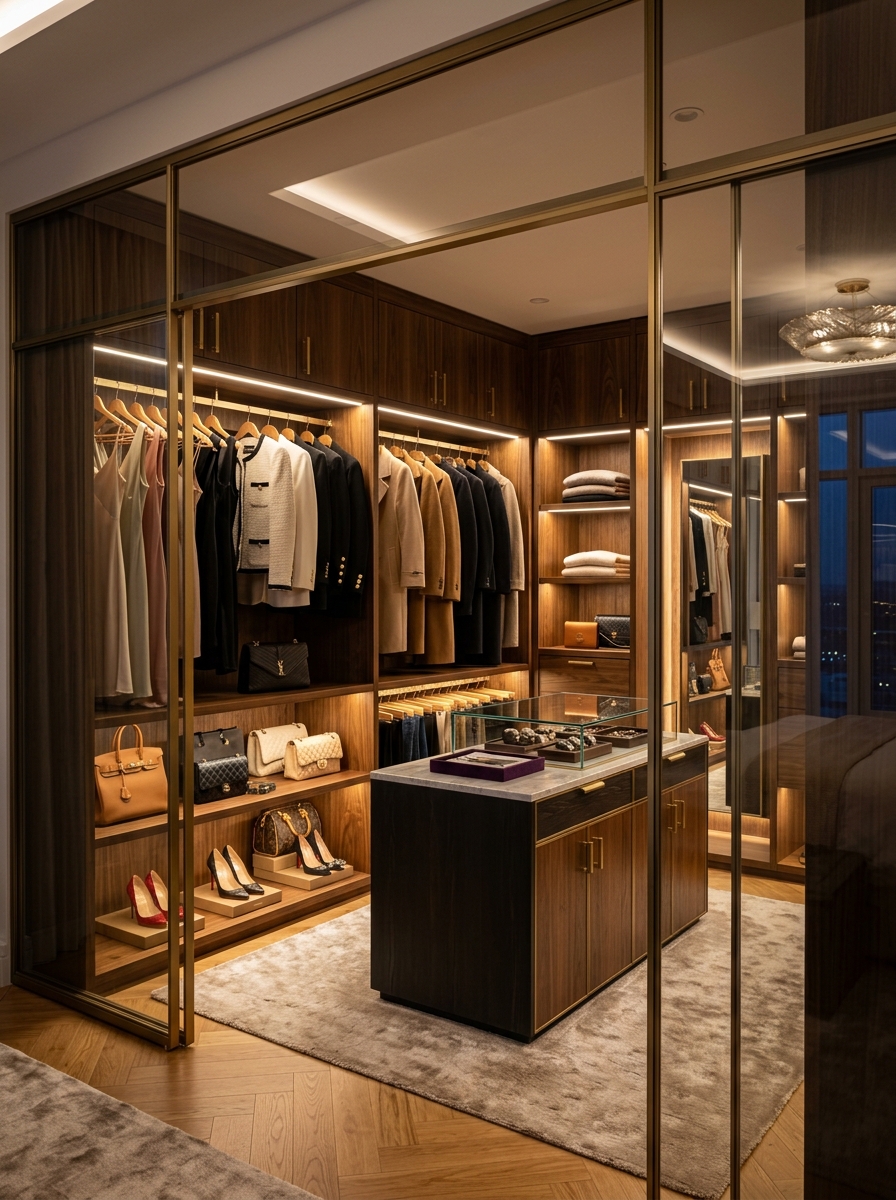 Glass-Enclosed Luxury Walk-In Closet with Boutique Lighting