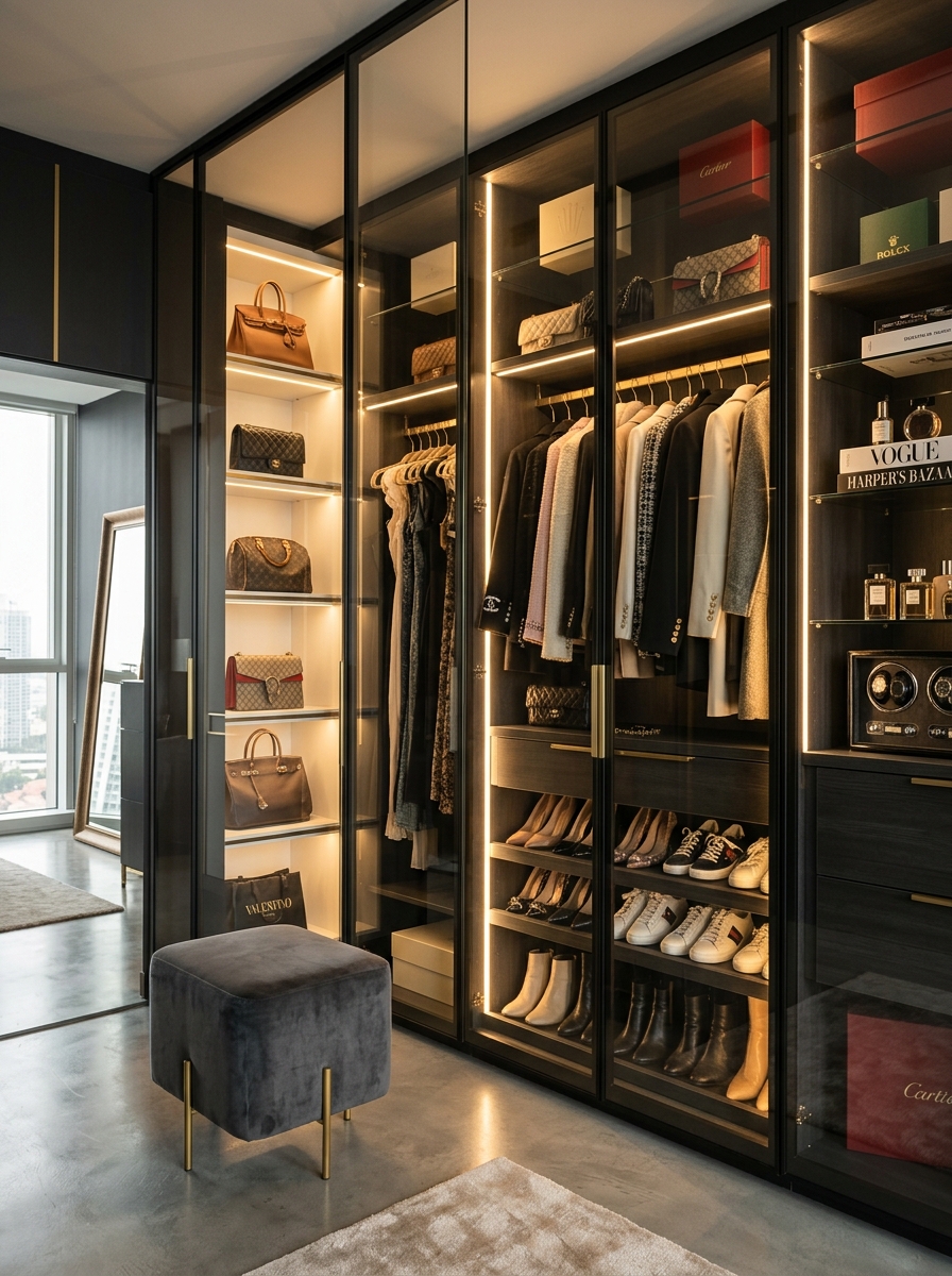 Glass-Enclosed Luxury Walk-In Closet with Boutique Lighting