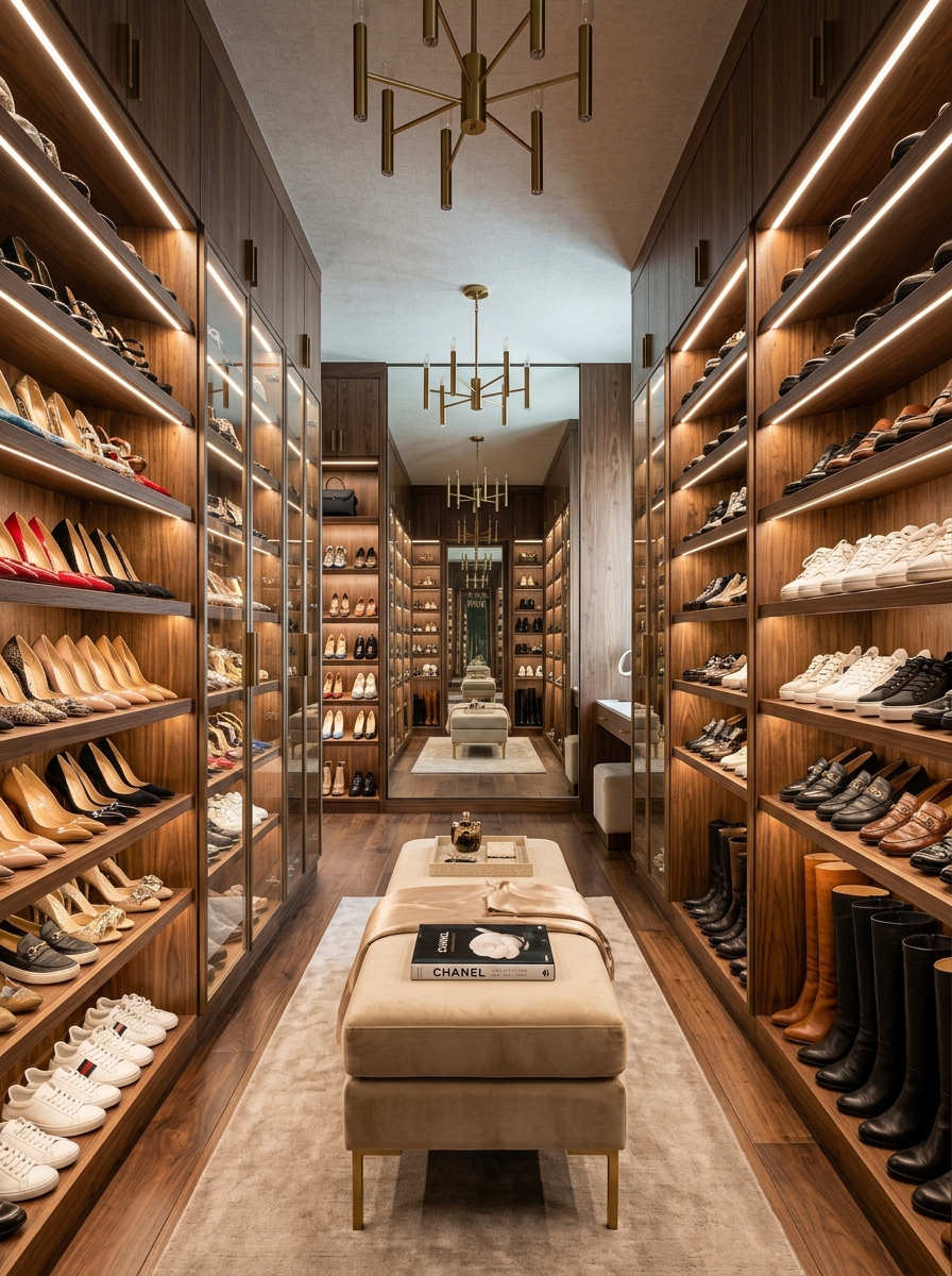 Warm Wood Closet with Symmetrical Shoe Wall