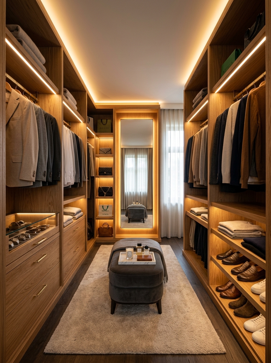 Warm Wood Closet with LED Cove Lighting
