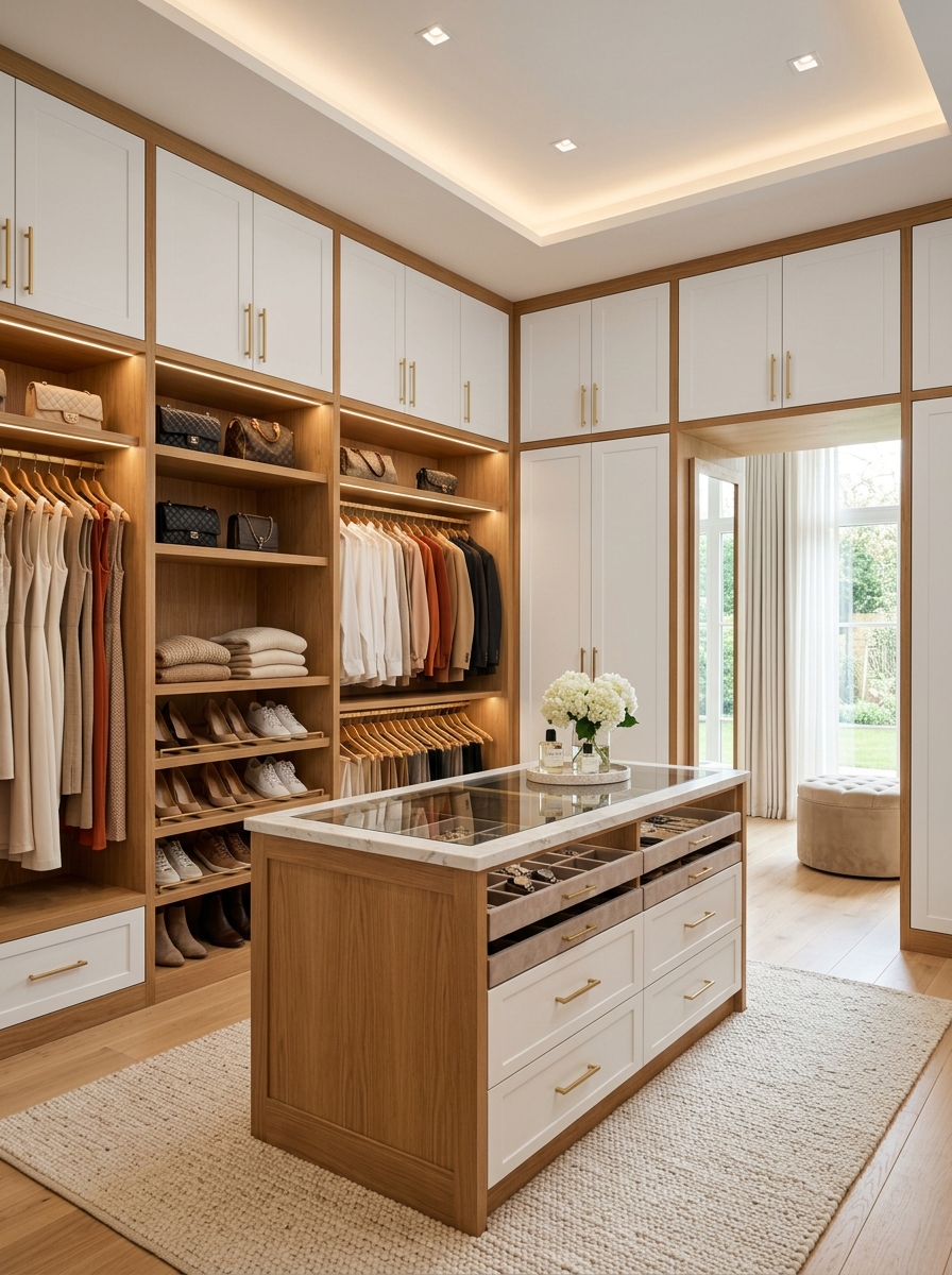Warm Wood and White Contrast Closet Design