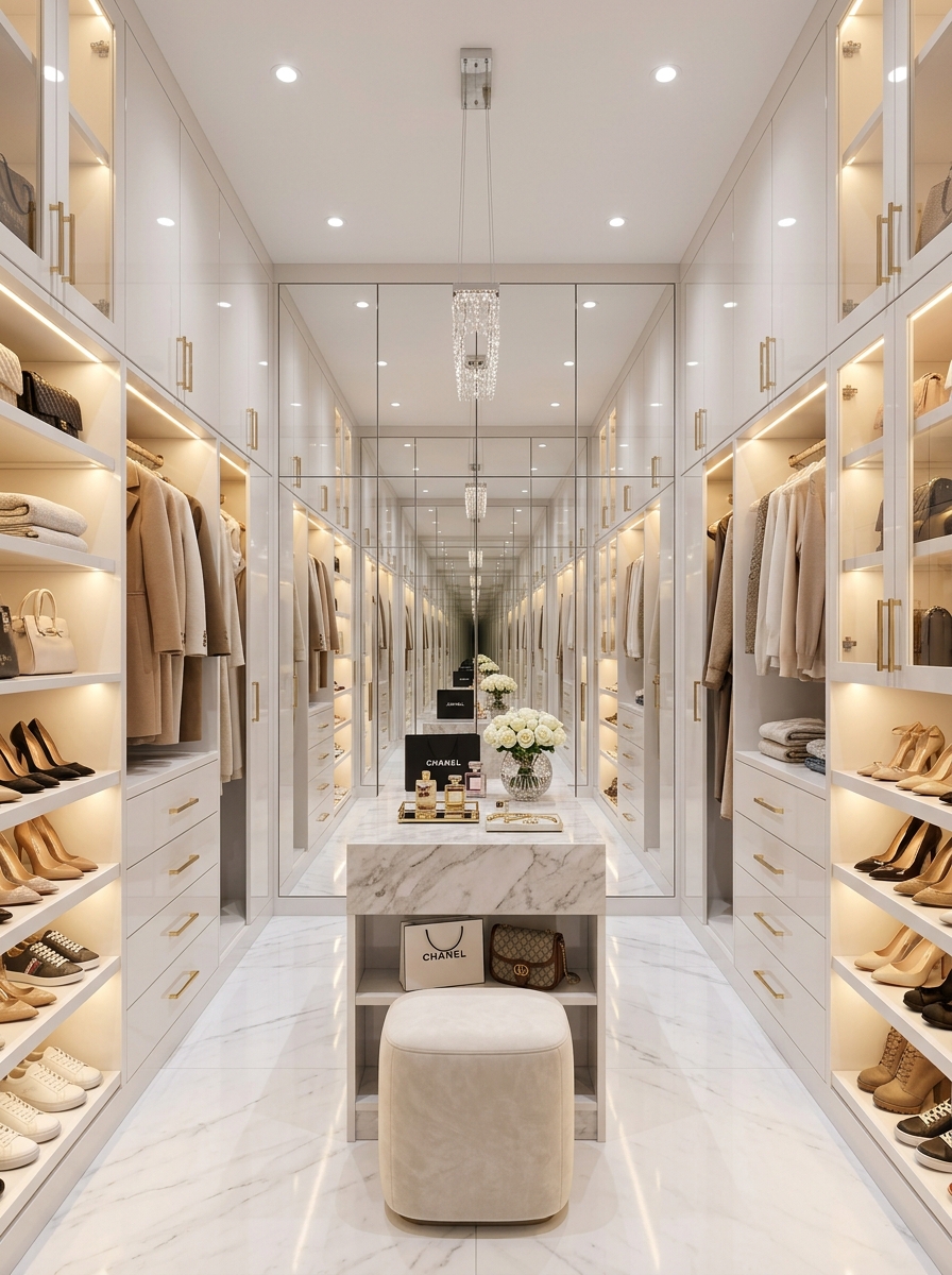 White Gloss Symmetrical Closet with Luxury Lighting Layers