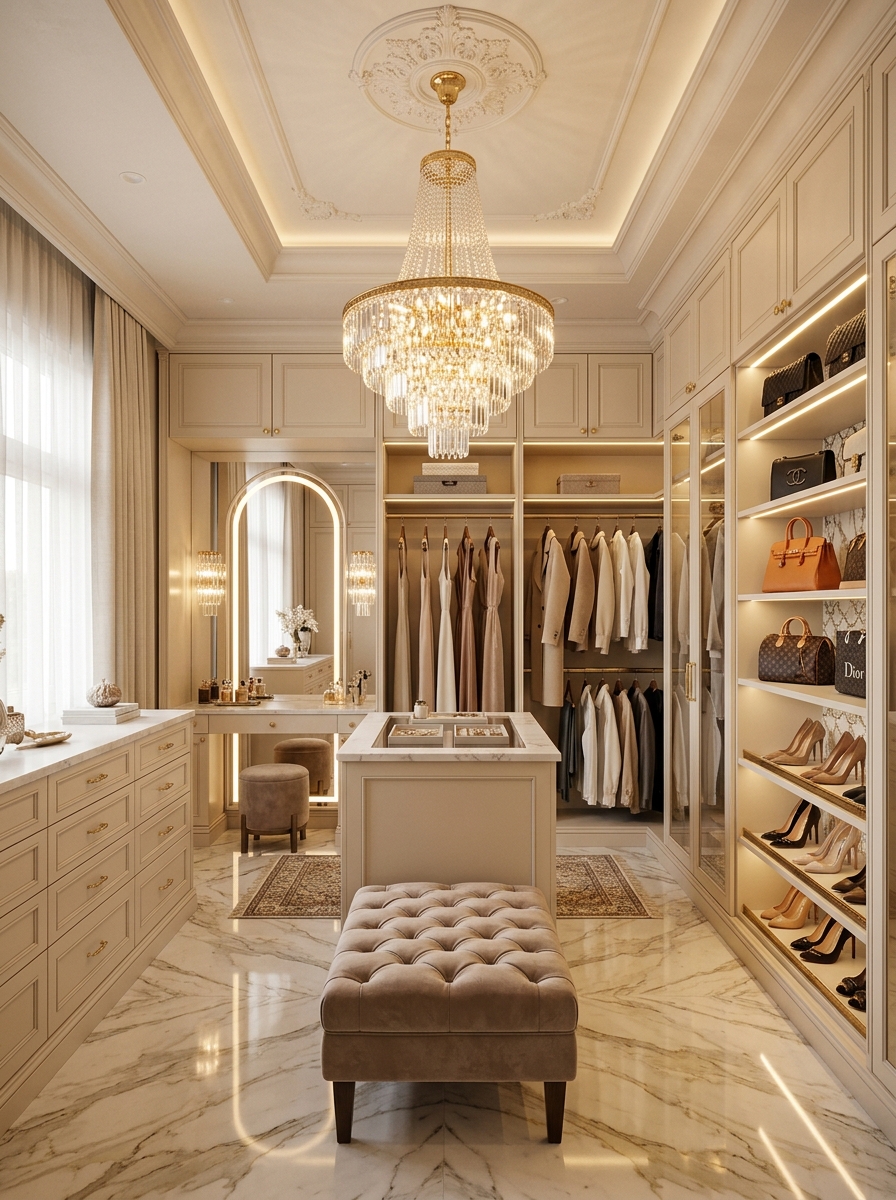 Luxury Neutral Closet with Statement Lighting