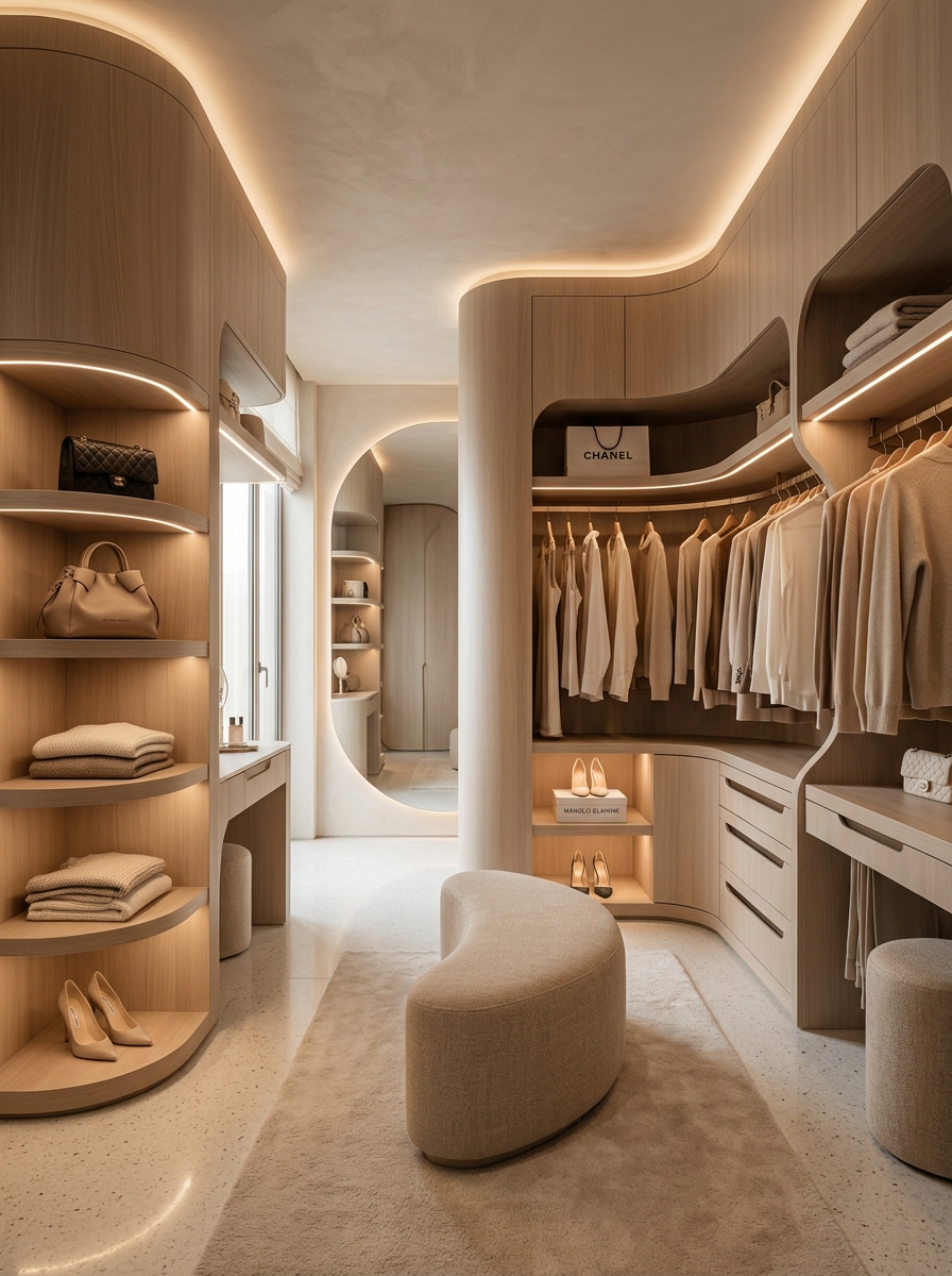 Ultra-Soft Luxury Closet with Organic Curved Layout