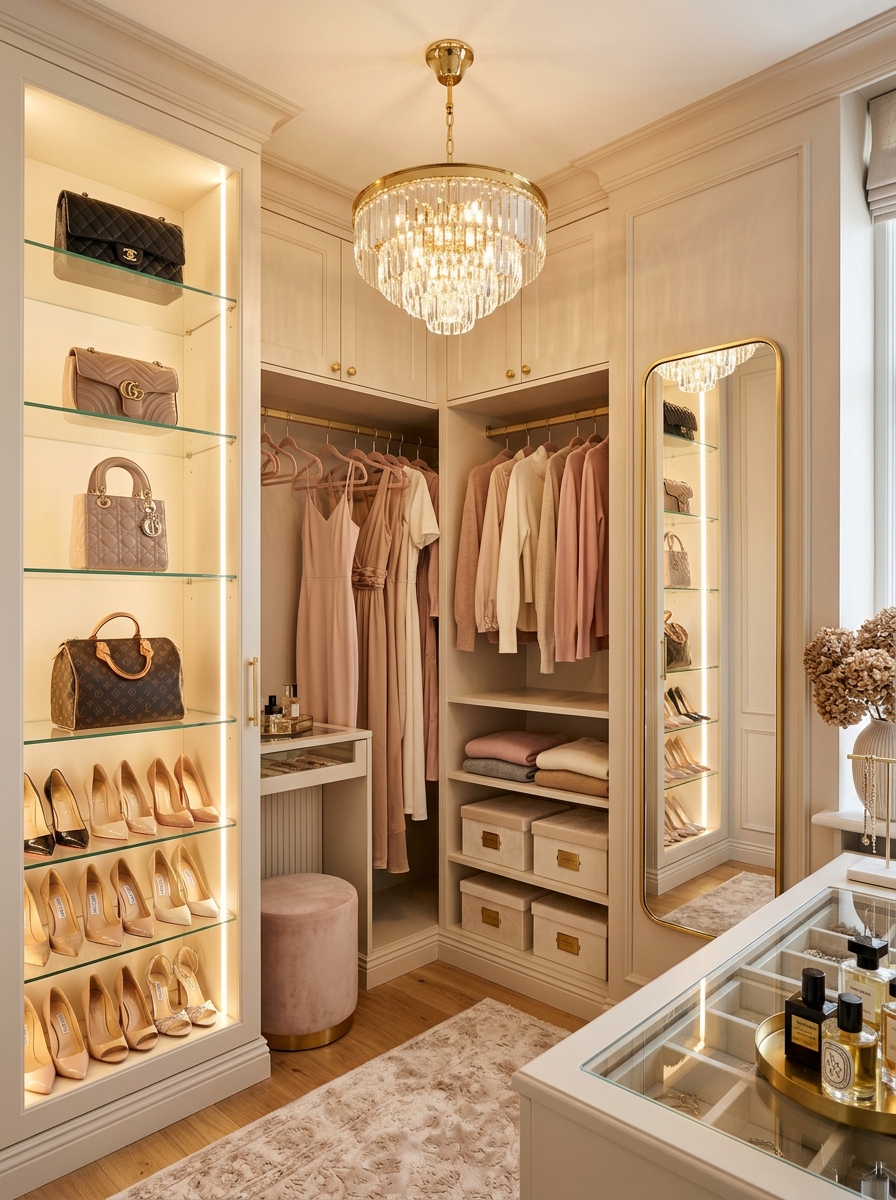 Boutique-Inspired Closet with Glass Display Shelves