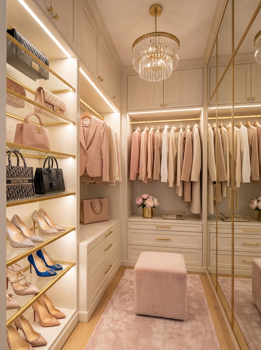 Boutique-Inspired Closet with Glass Display Shelves